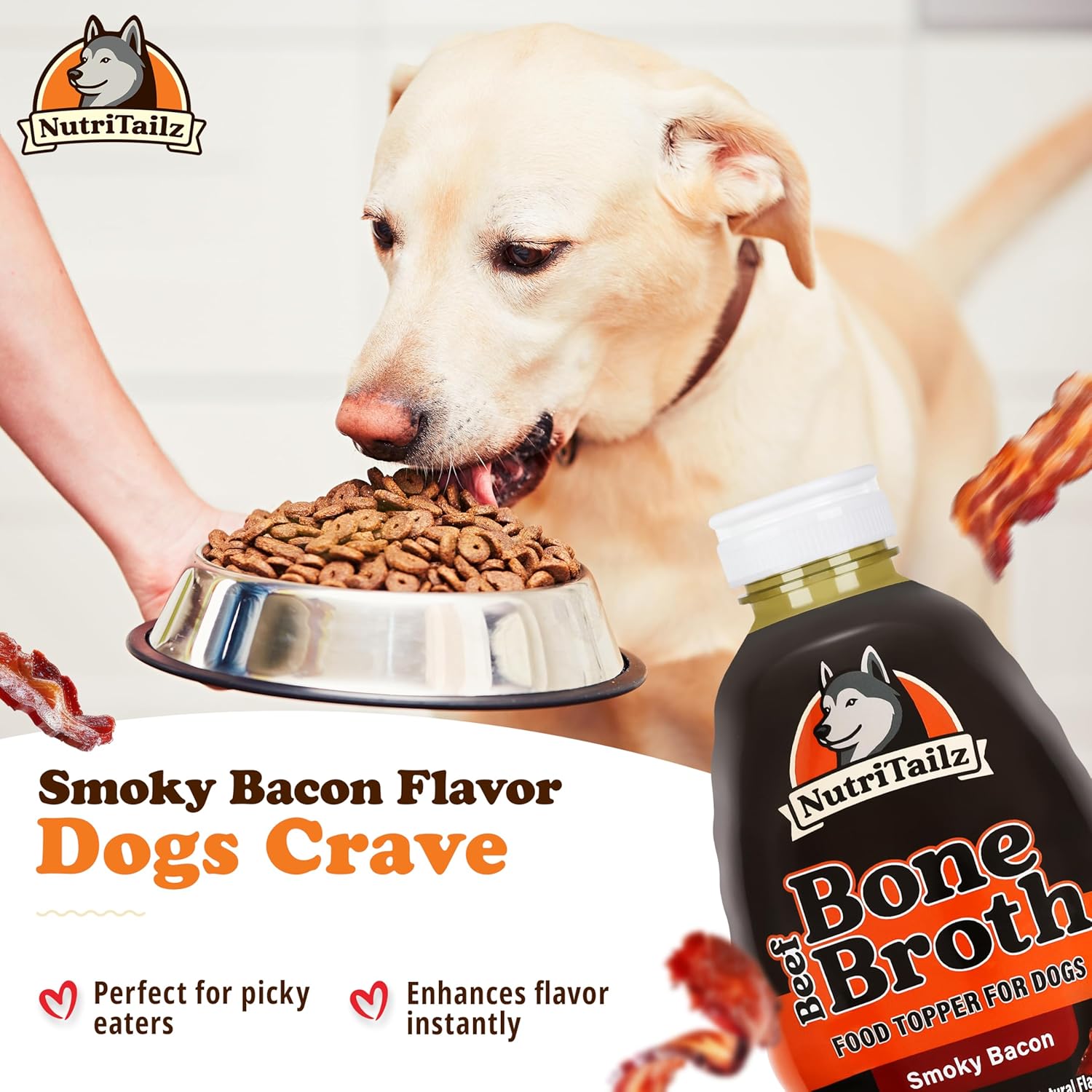 Smokey Bacon Beef Bone Broth Powder for Dogs & Cats – Pet Food Topper with Beef Broth, Bacon Flavor Meal Mixer for Dry Food