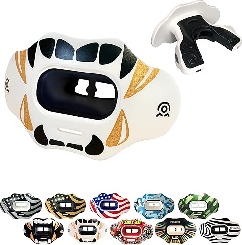 Miniatura 20 de Protector bucal MAXX/Might Football y deportes de alto impacto para adultos y jóvenes (correa incluida) Bandera americana, oro, (una capa),Bandera