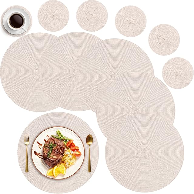 MI CASA Round Placemats and Coasters Set of 6, Round Braided Woven Place Mats Washable Heat Resistant Table Mats for Kitchen Dining Table Home Restaurant, Beige