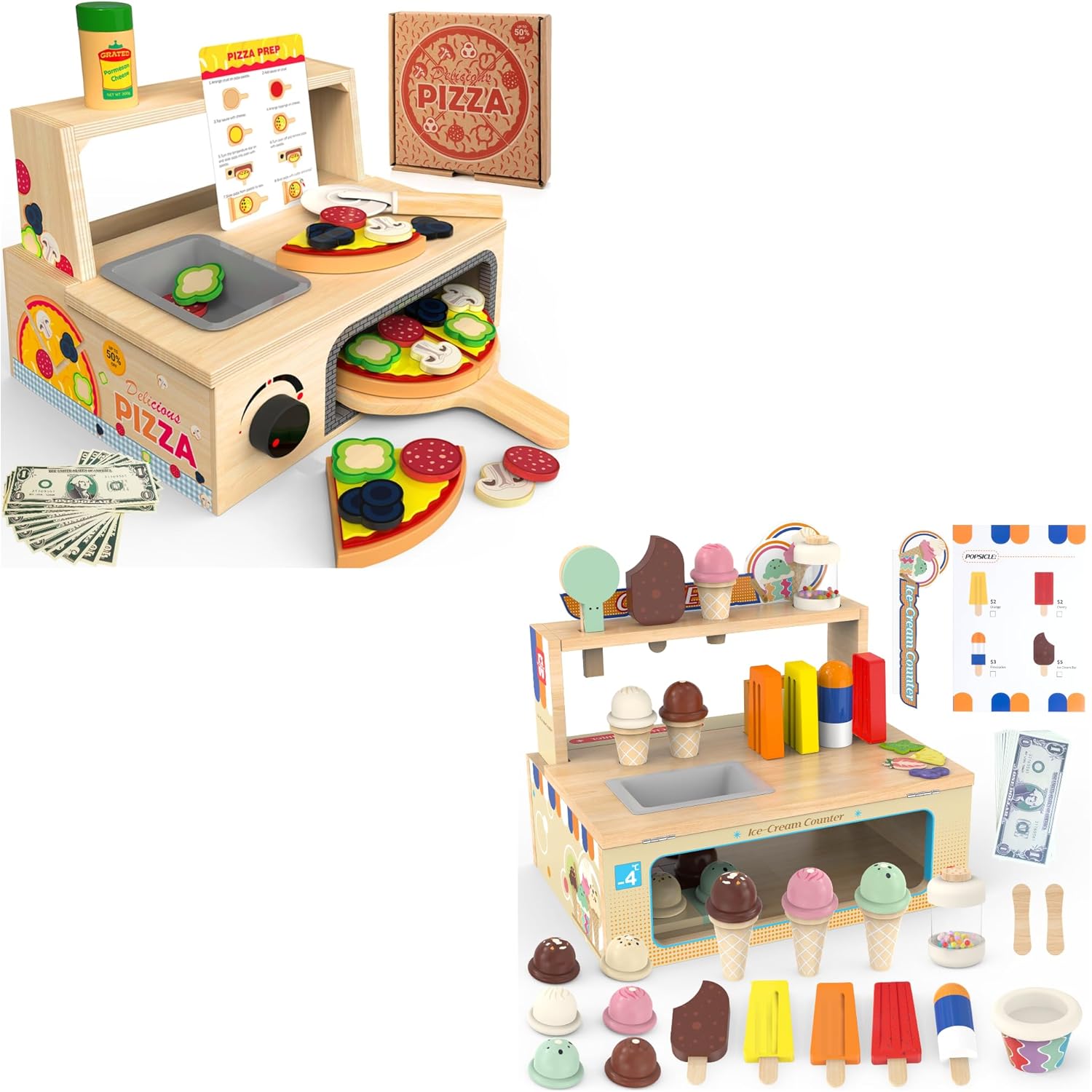 Wooden Pizza Toy and Ice Cream Toy