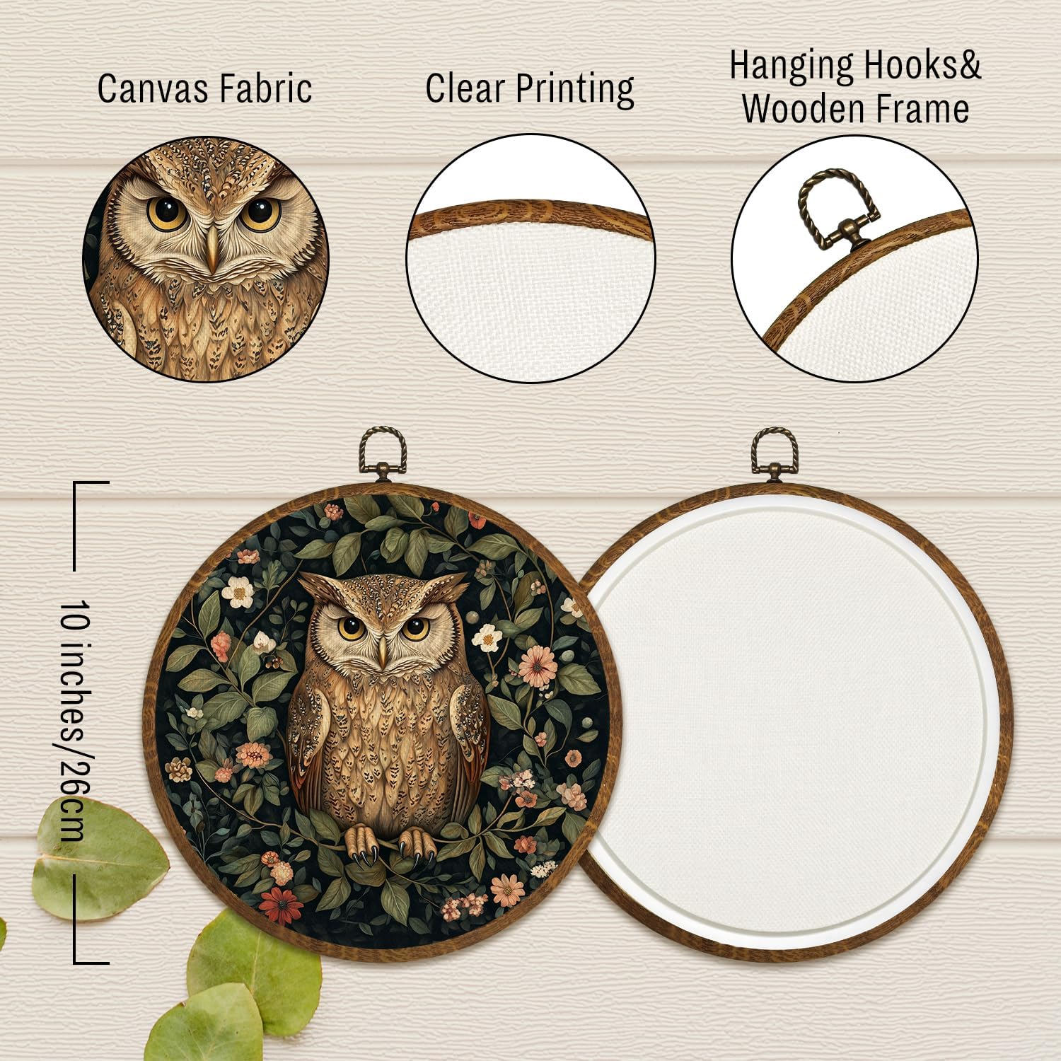 William Morris Inspired Vintage Round Wall Art, Vintage Owl Canvas Prints with Floral Design, Floral Animal Wall Art Framed Decor for Home, Bathroom, Living Room, Bedroom 10x10inch (Owl-3)