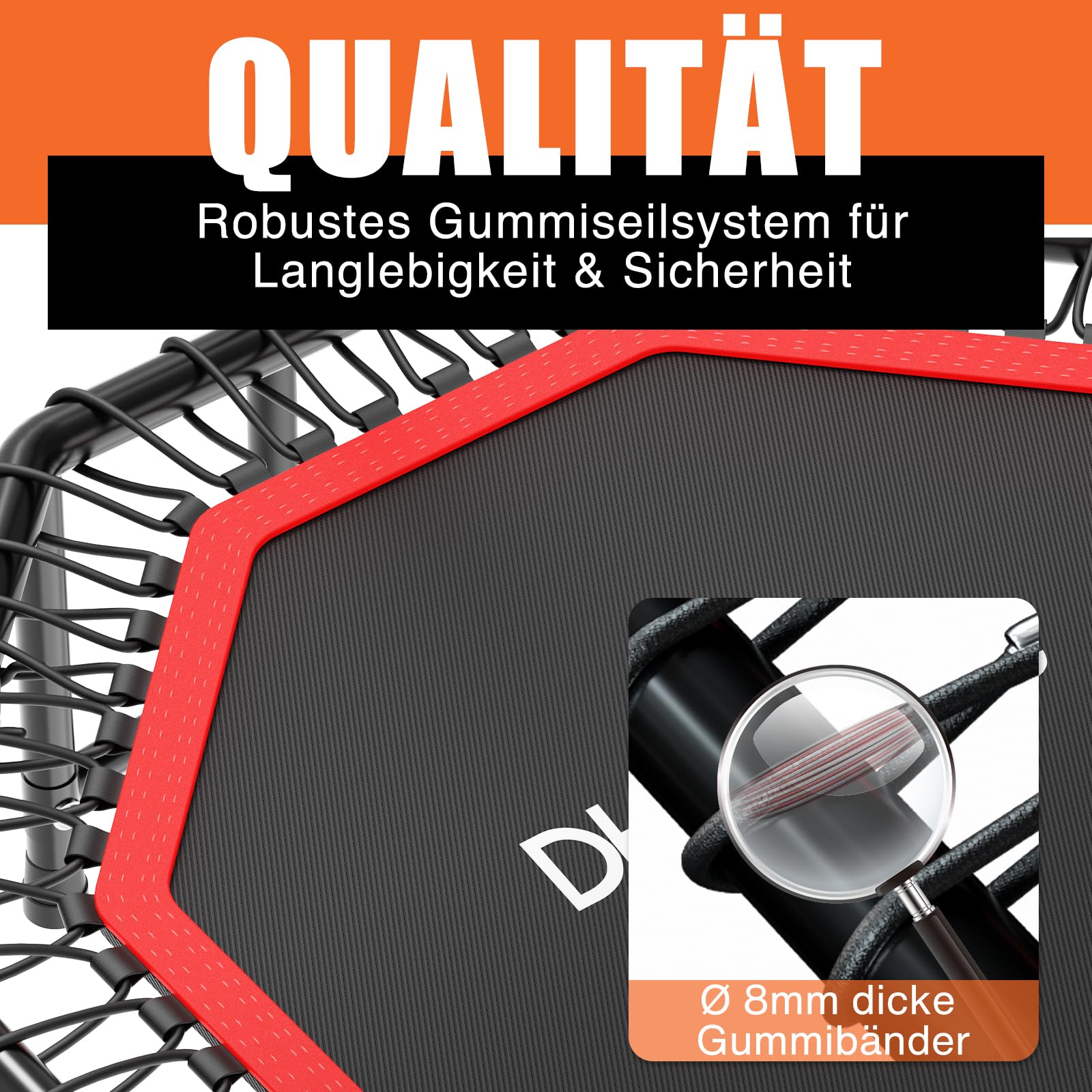 DH FitLife Fitness Indoor Trampolin klappbar mit vormontierter Sprungfläche | Ø121 cm 48 Zoll Trampoline | 150 kg Tragfähigkeit | 3-Fach Verstellbarer Handgriff | stabil & leise