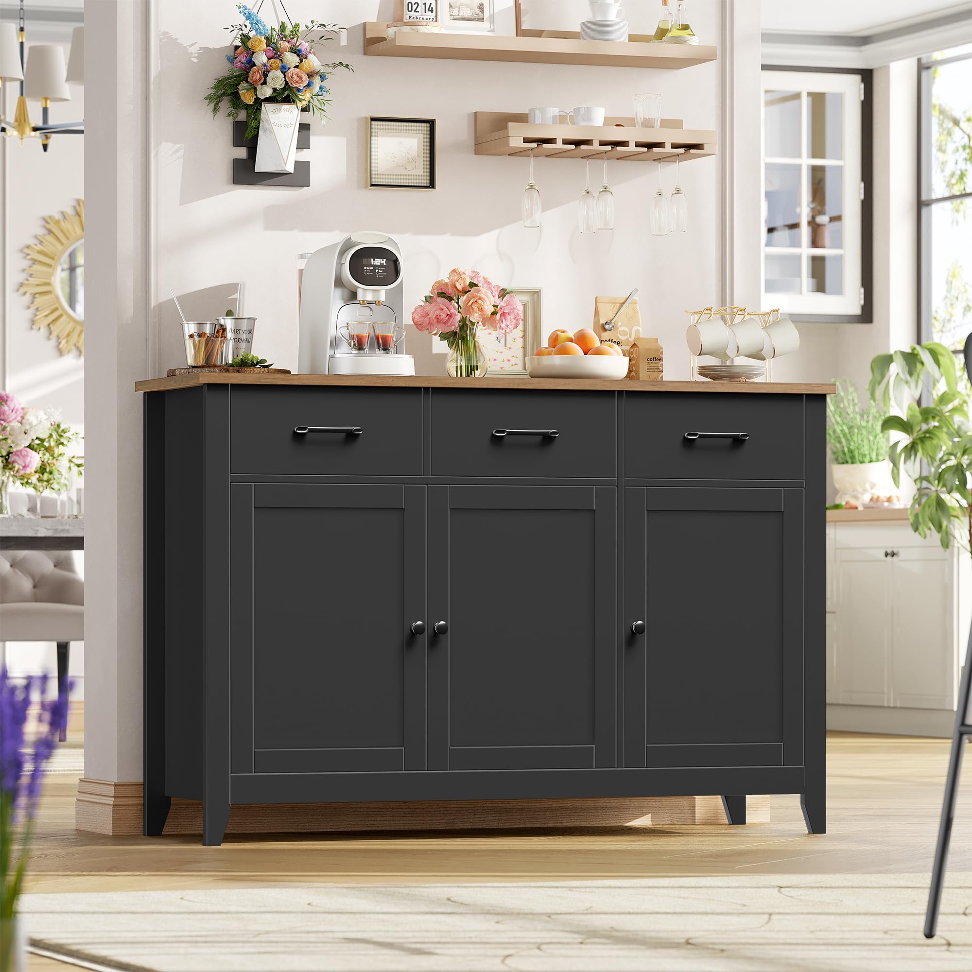 HOCSOK Sideboard, Küchenschrank mit Arbeitsplatte, Küchenbuffet Buffetschrank mit 3 Schubladen, 3 Türen, 1 Festes und 1 Verstellbares Regal, für Küche, Wohnzimmer, Esszimmer, 120 x 40 x 85cm