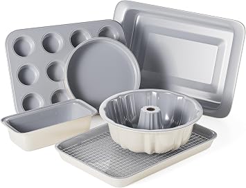 VONIKI Ceramic Baking Pans Set, 7 PCS Nonstick Bakeware Sets Baking Sheets For Oven Baking Set With Cookie Sheet, Cake Pan, Loaf Pan, Muffin Pan, Roaster Pan, Cooling Rack - Nontoxic Baking Supplies