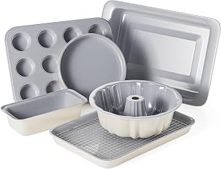 VONIKI Ceramic Baking Pans Set, 7 PCS Nonstick Bakeware Sets Baking Sheets For Oven Baking Set With Cookie Sheet, Cake Pan, Loaf Pan, Muffin Pan, Roaster Pan, Cooling Rack - Nontoxic Baking Supplies