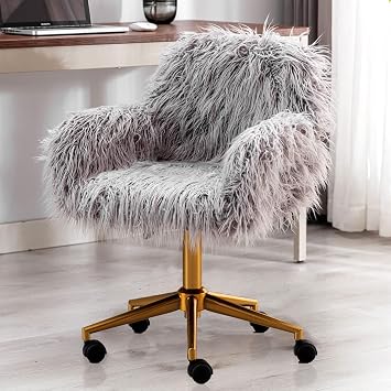 Grey Fuzzy Vanity Chair, Cute Faux Fur Desk Chairs with Golden Leg Upholstered Seat Height Adjustable Swivel Rolling Chair for Bedroom Living Room Home Office