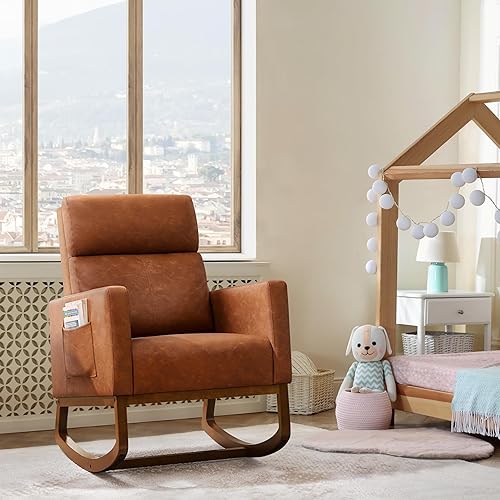 Miniatura 31 de Yaheetech Boucle - Silla de sala de estar, moderna silla mecedora tapizada, silla de guardería con bolsillo lateral y sillón de respaldo alto para