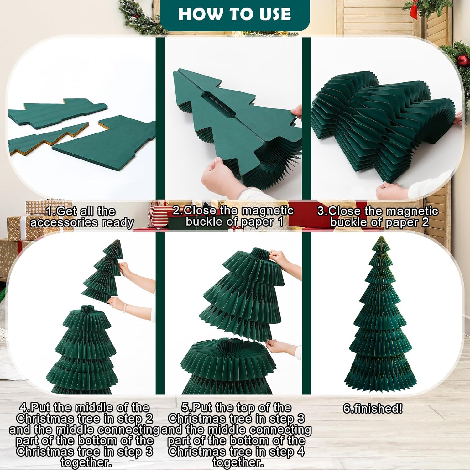1 Pc 47'' Dark Green Christmas Tree Honeycomb Centerpiece 3D Glitter Edge Paper Honeycomb Tree Rustic Reusable Decor for Home Decorations Holiday Fireplace Desktop Floor