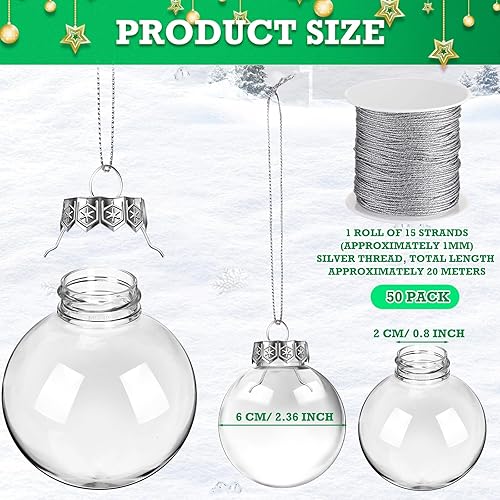 Miniatura 3 de 50 adornos de plástico transparente con tapa y cuerda para colgar, esferas rellenables de Navidad para manualidades, árbol de Navidad, fiesta, boda,
