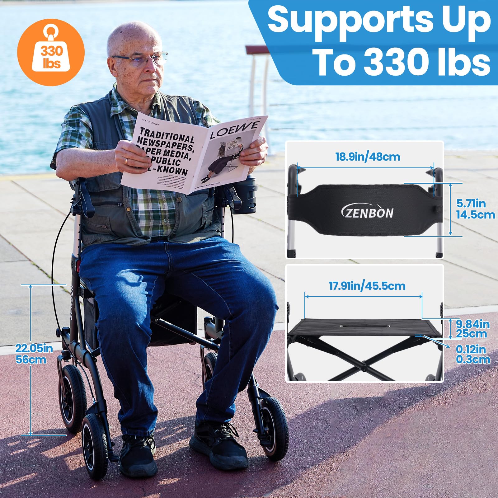 Rollator Walker for Seniors/Adults Foldable Rolling Walker with Seat 330 lbs Capacity 10 inch Wheels Hand Grips Adjustable Height Lightweight Aluminum Walker Removable Back Support 7210(Black)
