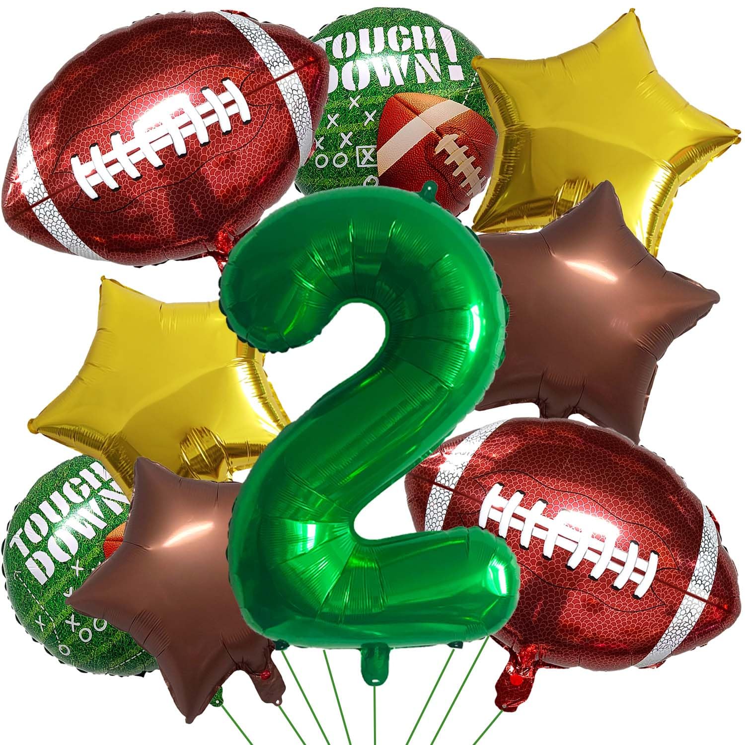 Football Balloons Foil Football Birthday Decorations Balloons Green Number 2 Balloon Gold Brown Star Touchdown Ballons for Rugby Birthday Decorations