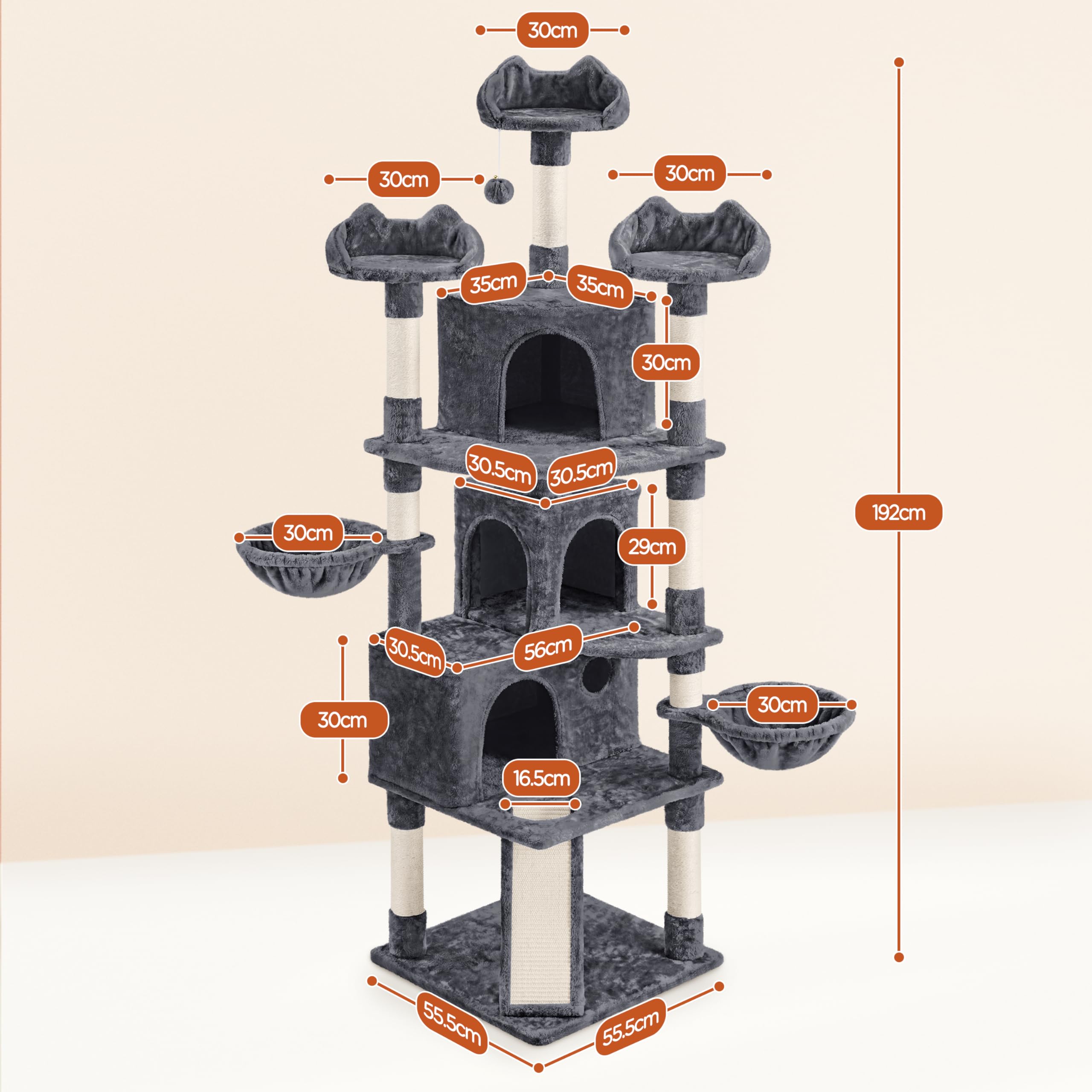 Yaheetech Árbol Rascador para Gatos Torre Escalador para 1-3 Gatos Medianos Rascador Postes con Plataforma 55,5x55,5x194 cm Gris Oscuro