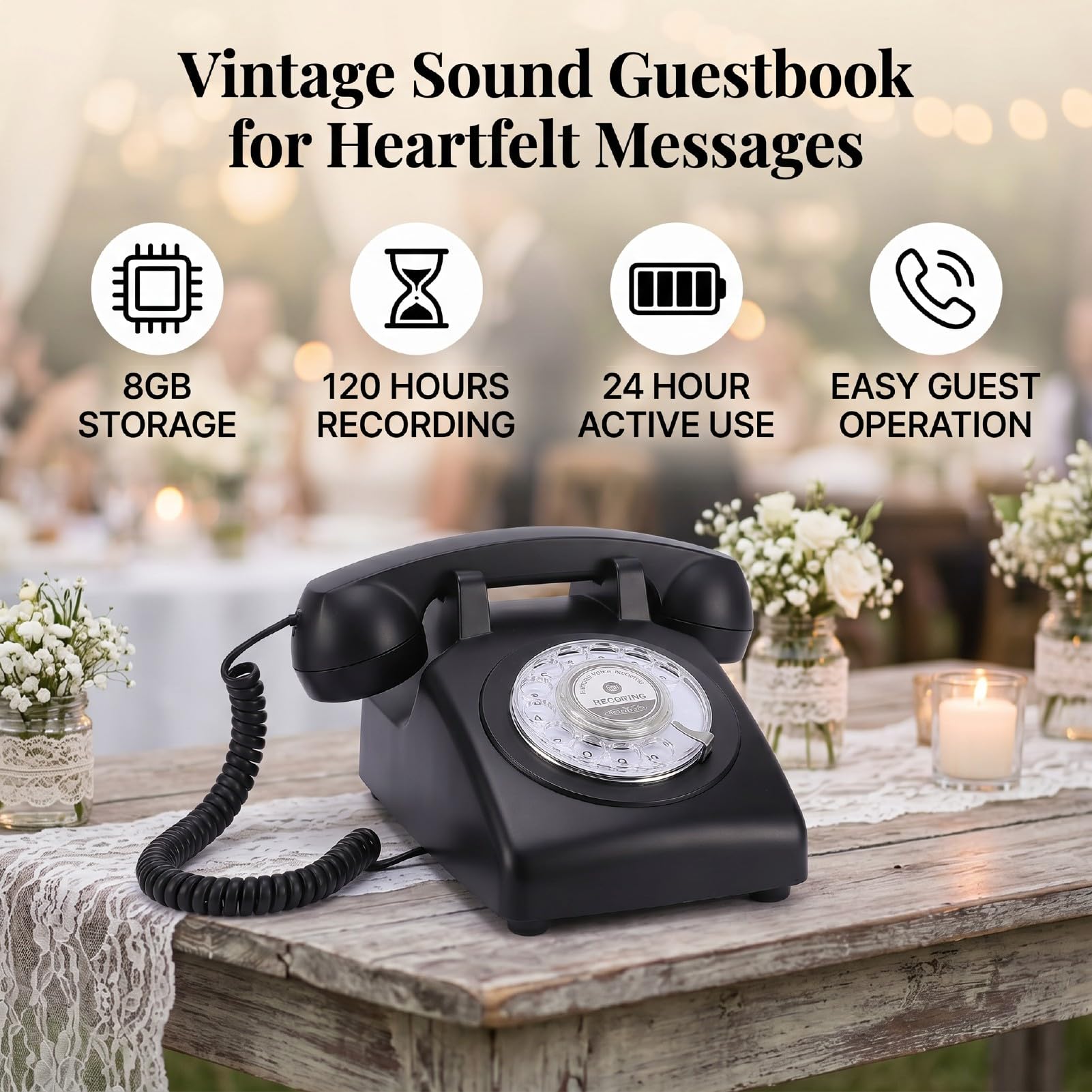 GOWENIC Telefono Vintage con Registrazione Vocale, Libro degli Ospiti con retrò per Eventi Nuziali, Memoria da 8 GB, Registrazione per 120 Ore, Telefono Regalo Facile da Usare (Black)