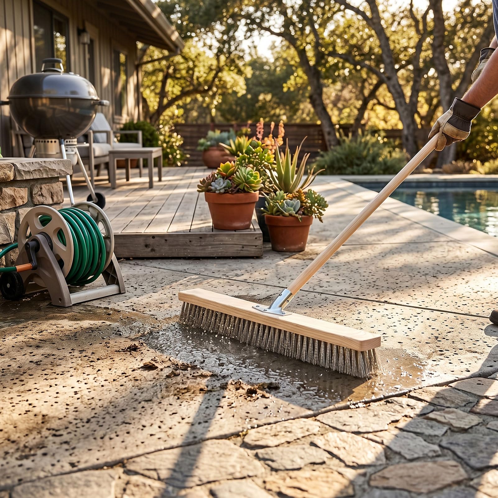 Bewinner Cepillo para Fregar Pisos de Alta Resistencia de 60 Cm, Cepillo de Limpieza de Alambre de Acero Inoxidable para Terraza de Entrada, Fregadora de Superficies Rugosas de Garaje de Hormigón,