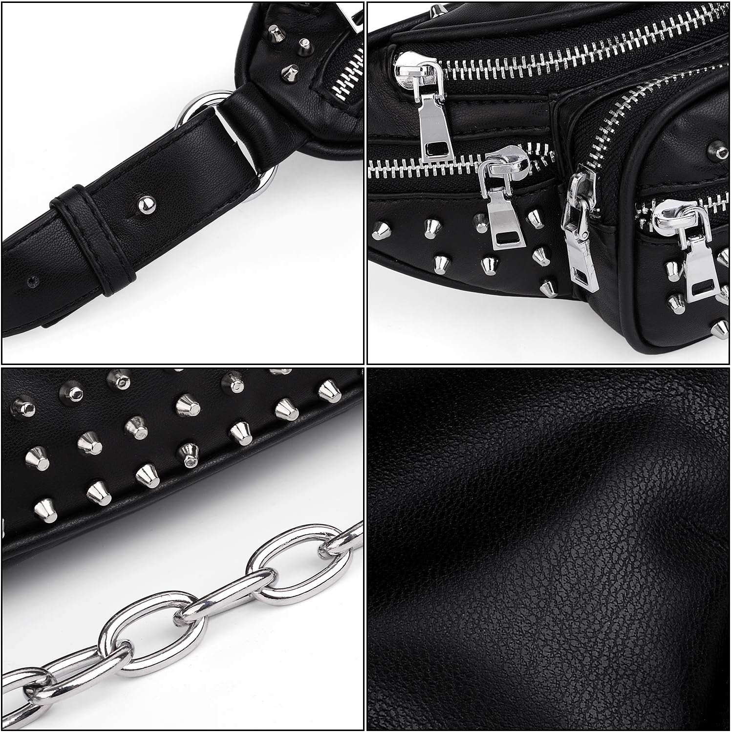 Fanny-Pack-for-Women-Leather Vegan UTO Waist Bag Rivet Studded Lightweight Zipper Pocket Shoulder Purse - Image 4