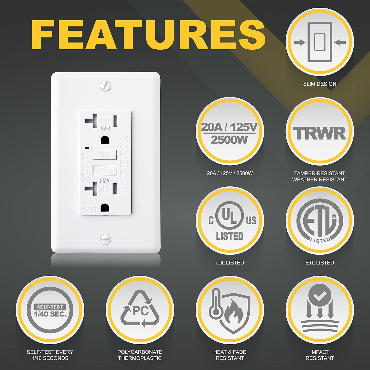 20A GFCI Outlets Slim, ETL Listed, Tamper-Resistant GFI Duplex Receptacles with LED Indicator, Self-Test Ground Fault Circuit Interrupter, White, 3 Piece