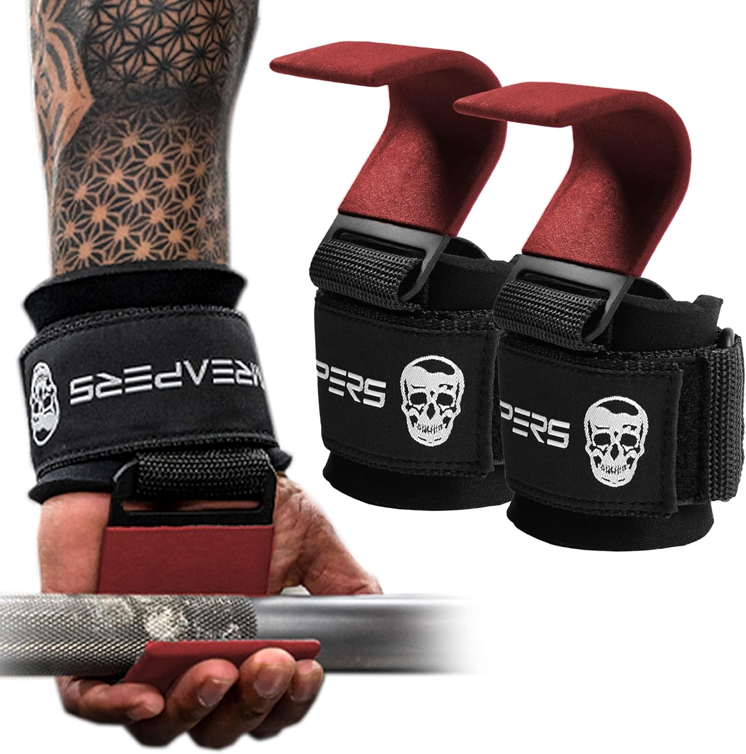 Gymreapers Weight Lifting Hooks (Pair), Heavy Duty Power Wrist Straps Hand Grip Support for Deadlifts, Pull Ups, Shrugs - Gym Gloves for Men and Women (Red) : Sports & Outdoors
