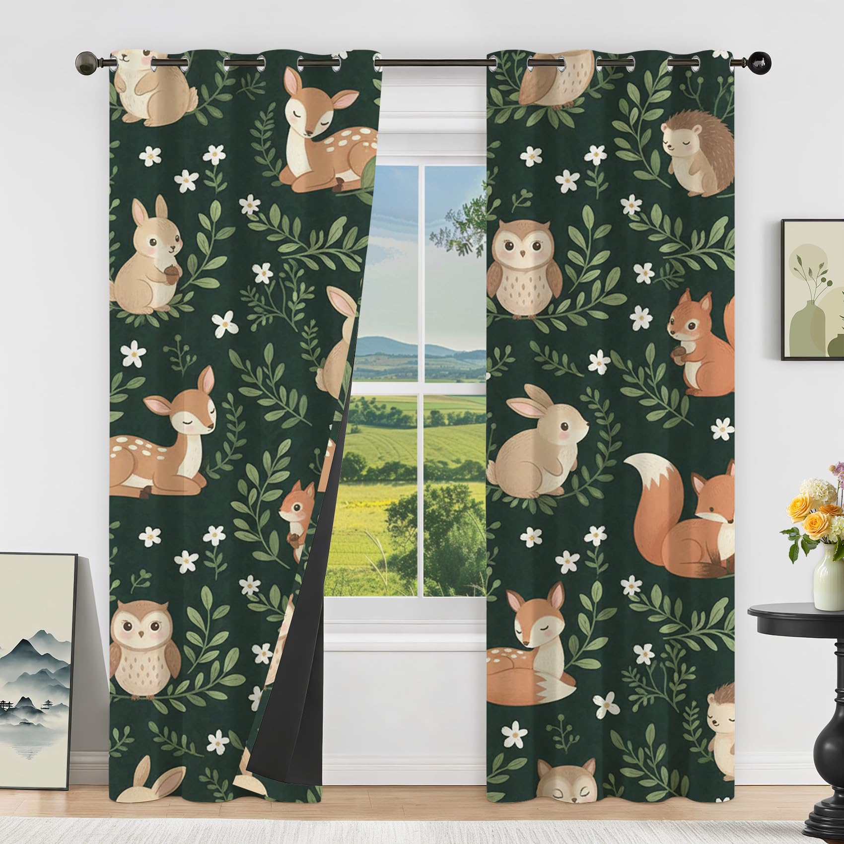 Waldtiere Vorhänge Blickdicht Wohnzimmer REH Fuchs Hase Kinderzimmer Vorhang mit ösen Gardinen 160 cm Hoch 2er Set Verdunklungsvorhänge für Schlafzimmer Fenster