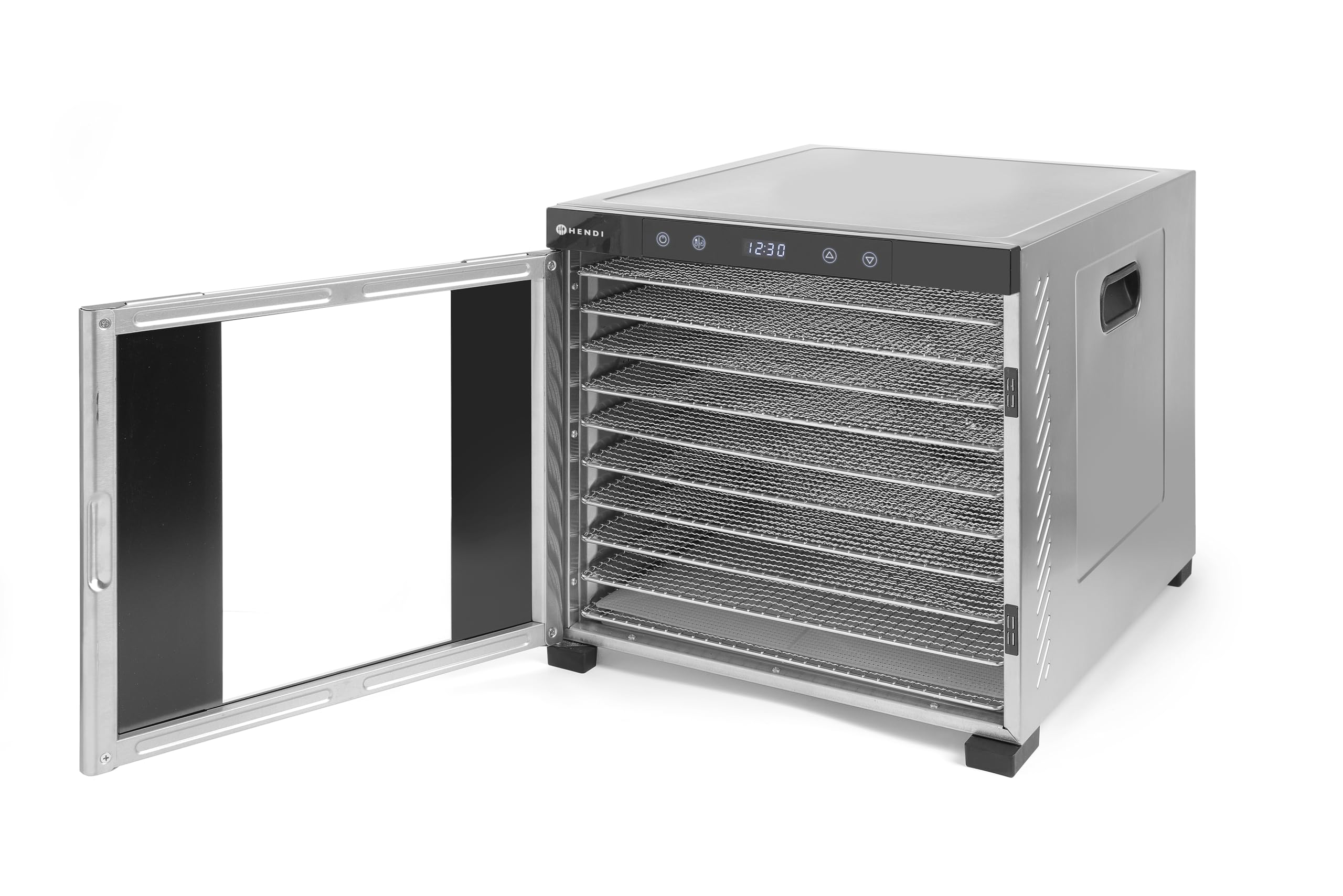 HENDI Essiccatore alimentare, con 10 griglie, per l’essiccazione di frutta, verdura e carne, timer, intervallo di temperatura da 35º a 75ºC, 230V/1000W, 430x535x(H)416mm, acciaio inossidabile