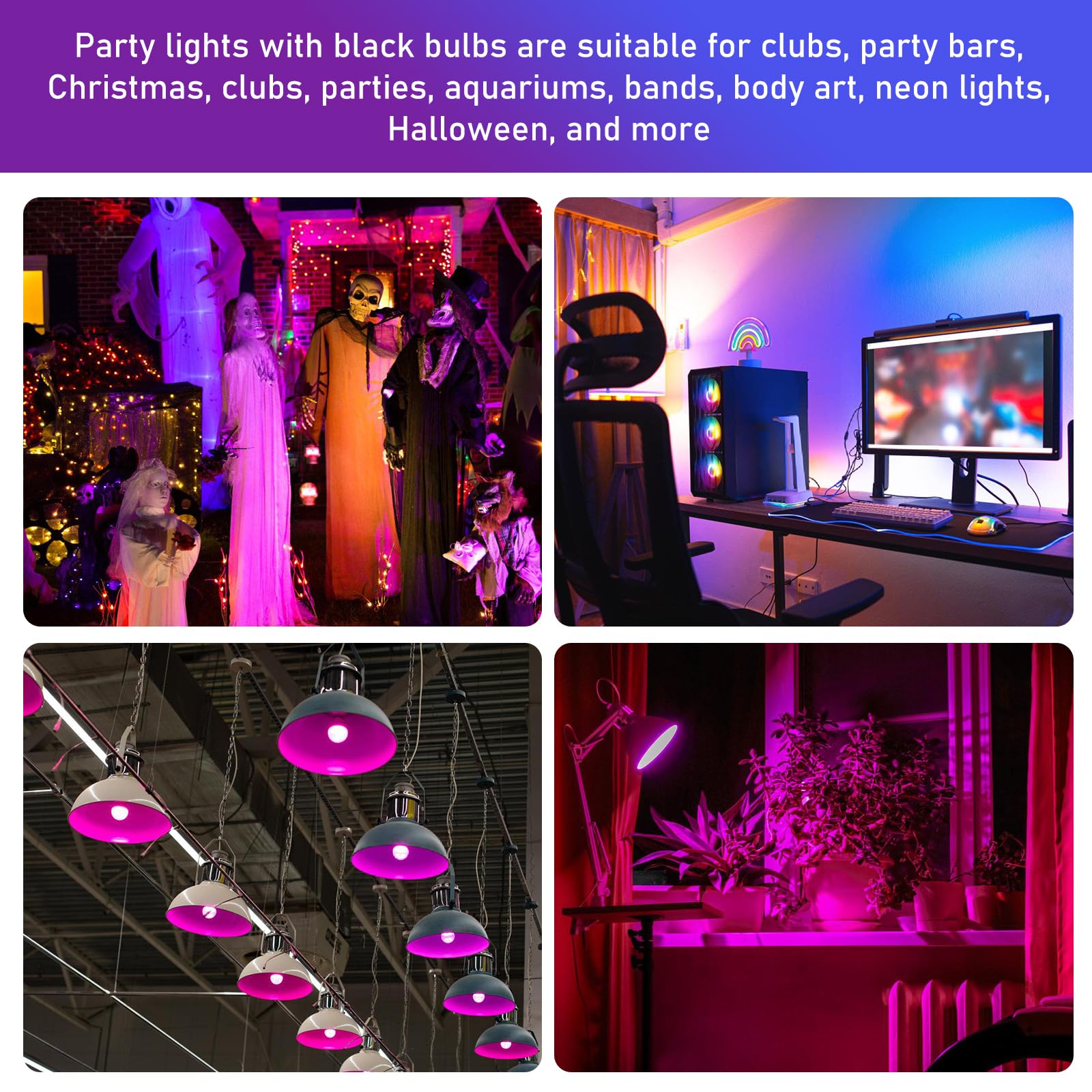 BORDEAG Żarówka UV LED, zestaw 4 żarówek E27 o mocy 9 W, lampa ultrafioletowa LED, fioletowa lampa ultrafioletowa UV-A, czarna żarówka UV, na festiwale, imprezy, bary