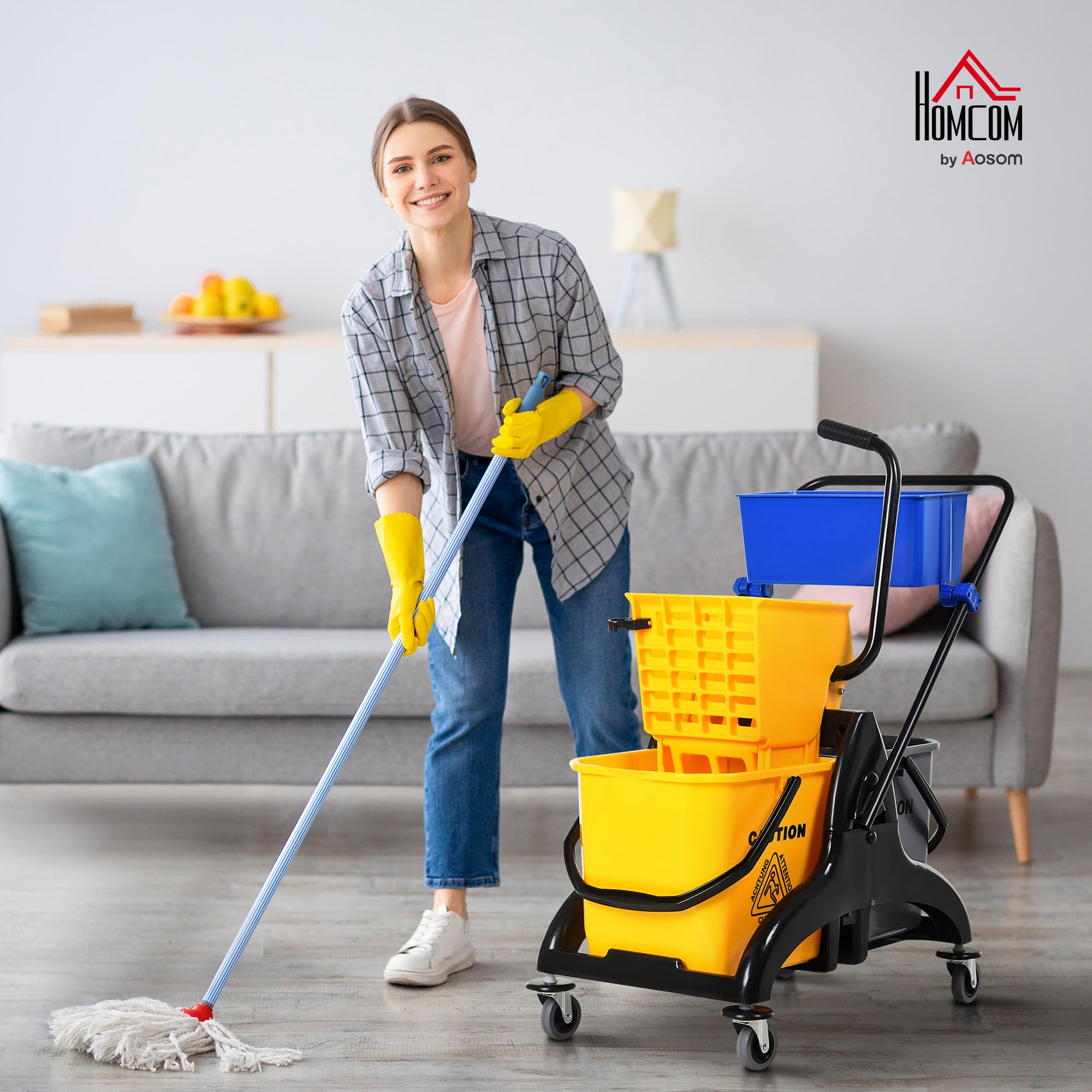 HOMCOM Cubo de Fregona con Ruedas, 26 L, Cubo de Fregar con Sistema de Escurridor de Presión Lateral, Asa de Transporte y Doble Cubetas Separadas para Doméstico y Comercial, Amarillo y Azul