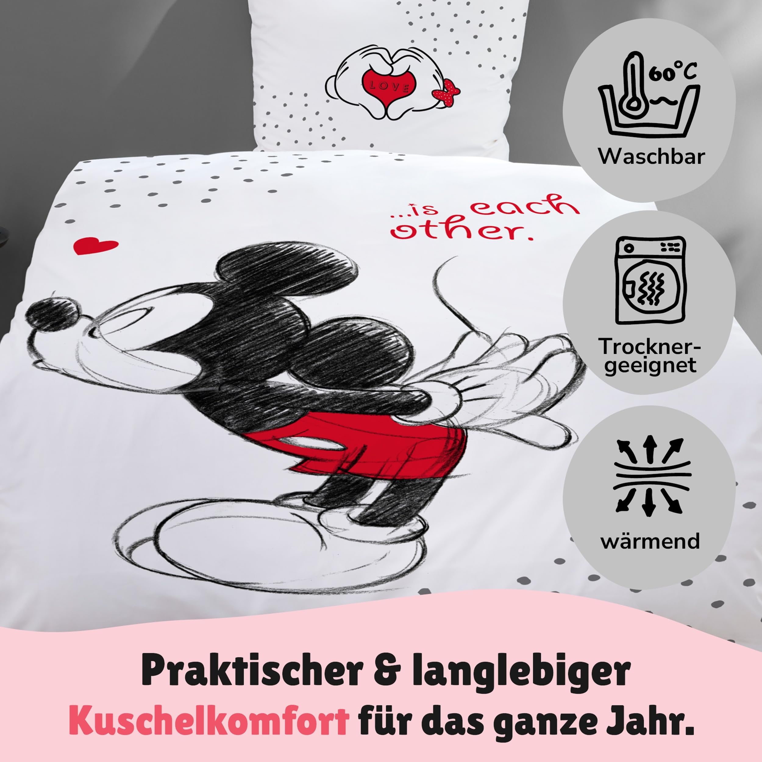 Familando – Mickey & Minnie Partner Bettwäsche-Set (4-teilig) – 2X Decken- & 2X Kissenbezug 135x200 cm & 80x80 cm mit Reißverschluss – 100% Baumwolle Renforcé – Wendemotiv – Öko-TEX Zertifiziert