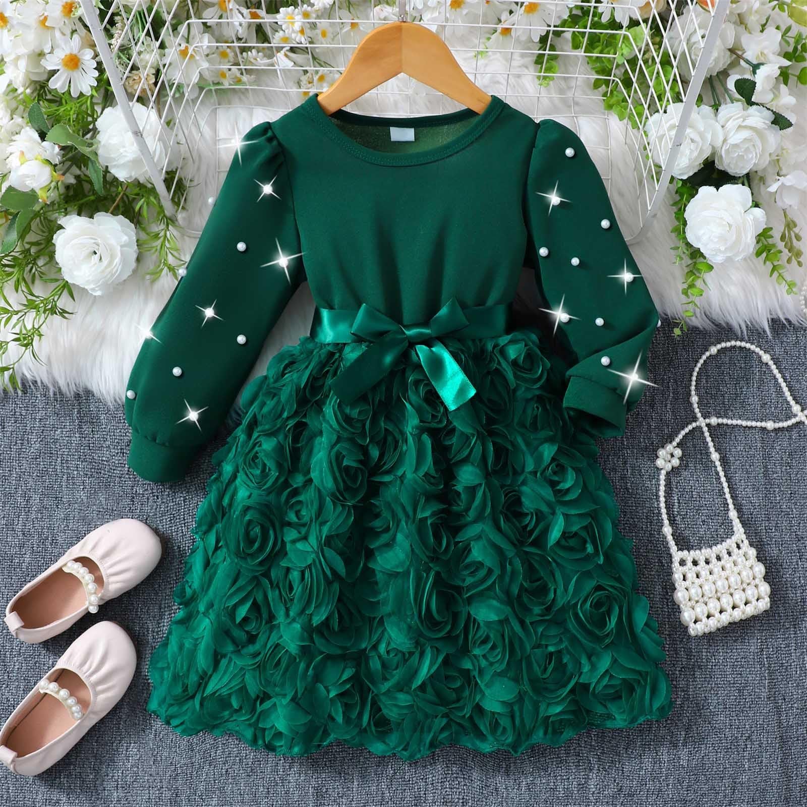 Kleider für Mädchen Rundhals Kleid Langarm Einfarbig Freizeitkleid Netz Tutu Elegant Sommerkleid Mädchenkleid A-Linie Midikleid Bogen Sommer Kleid Langarmkleid Kinder Kleider Dress 2-8 Jahre