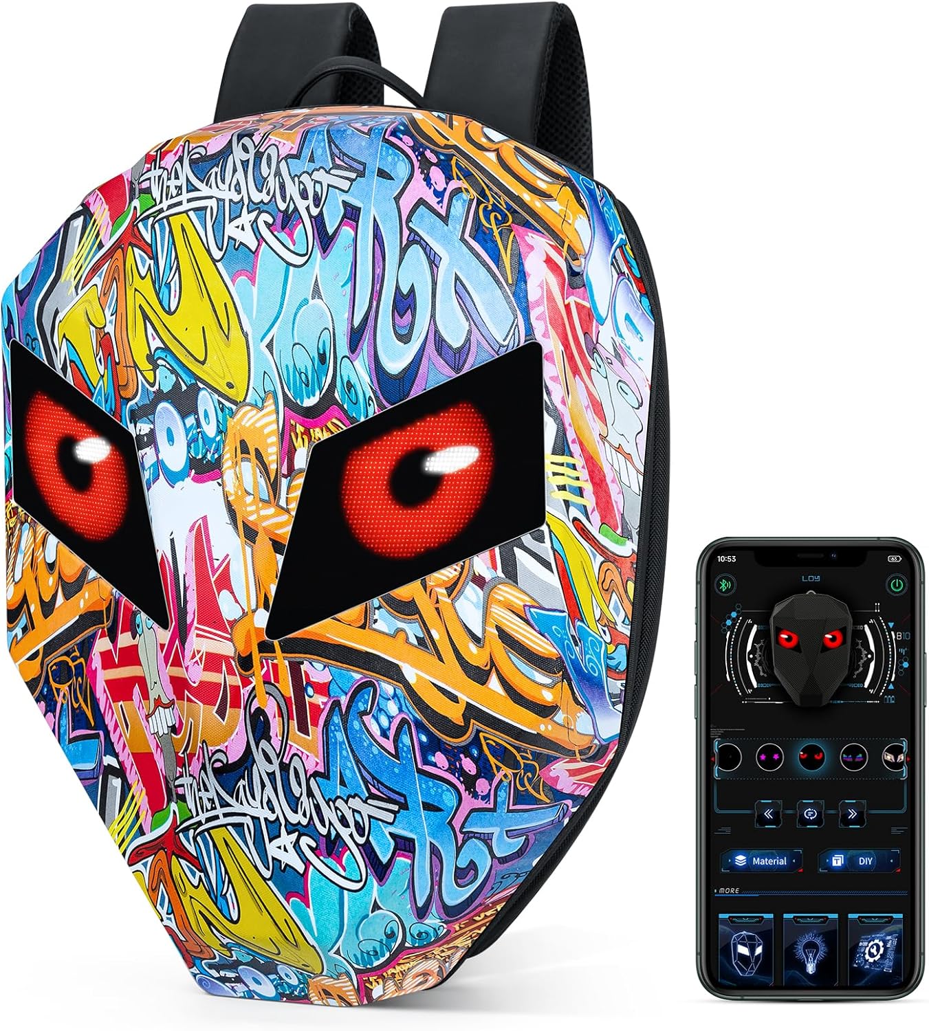 Gelrova Knight LED Motorcycle Backpack with Moving Eyes, Hard Case Ebike Backpack for Riding, Cycling, Travel,Laptop Backpack 19in, Graffiti