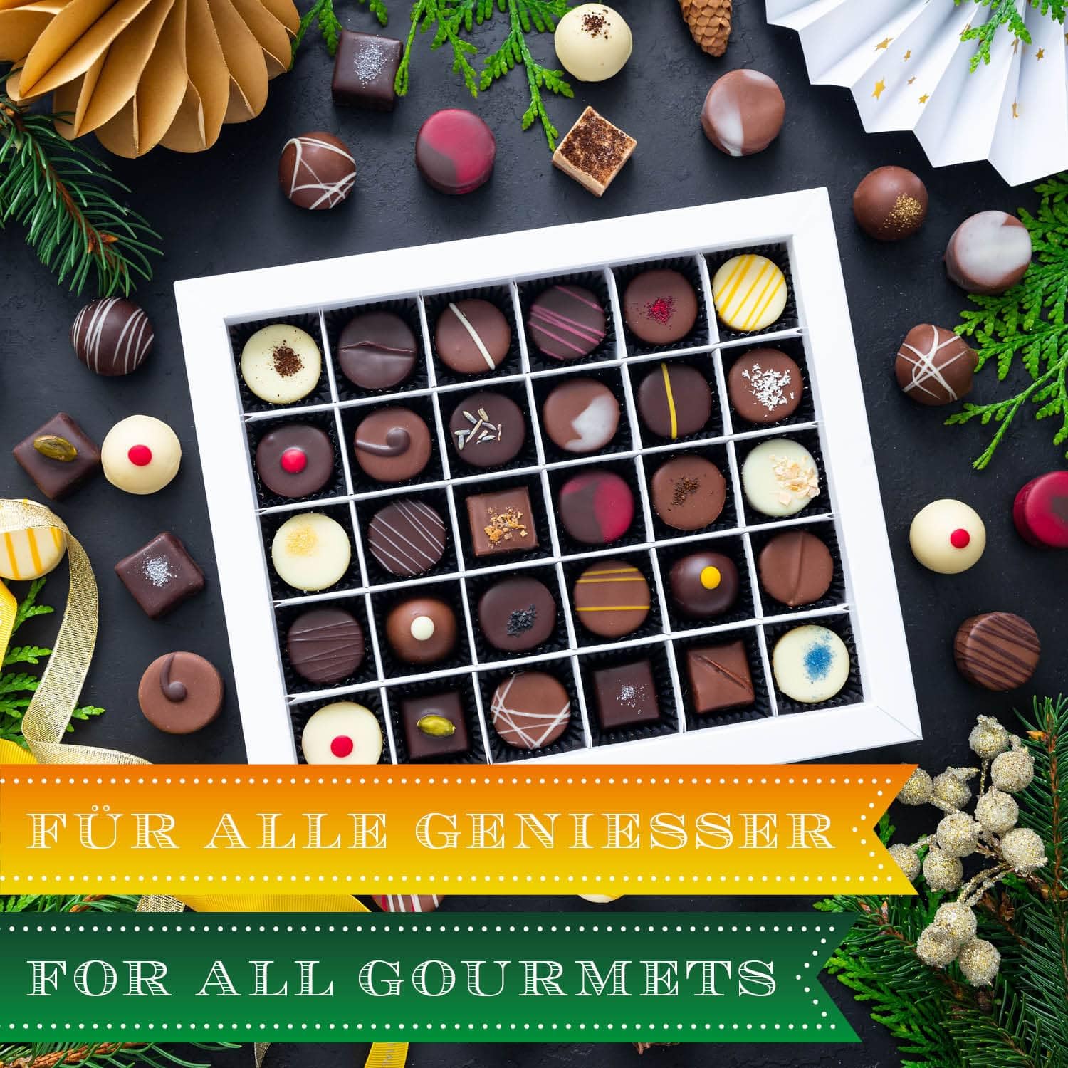 Hallingers Genuss Manufaktur Pralinen Weihnachts-Geschenk - ohne Alkohol, handmade aus Confiserie-Edelkakao in wertiger XXL-Geschenkbox "Merry Christmas...", Weihnachten für Frauen Männer