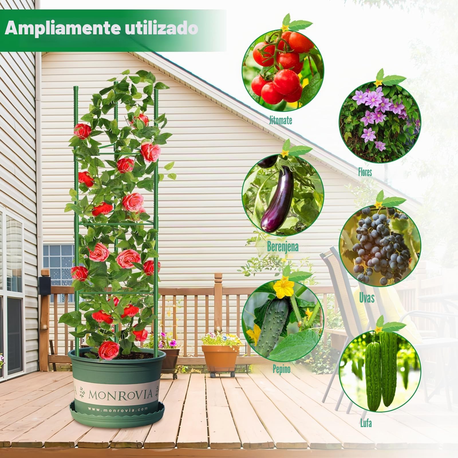 MQUPIN Tomates, soporte para plantas, 3 piezas, 130 cm, altura ajustable, jardín, pepinos, rosas, enrejado, con 20 bridas