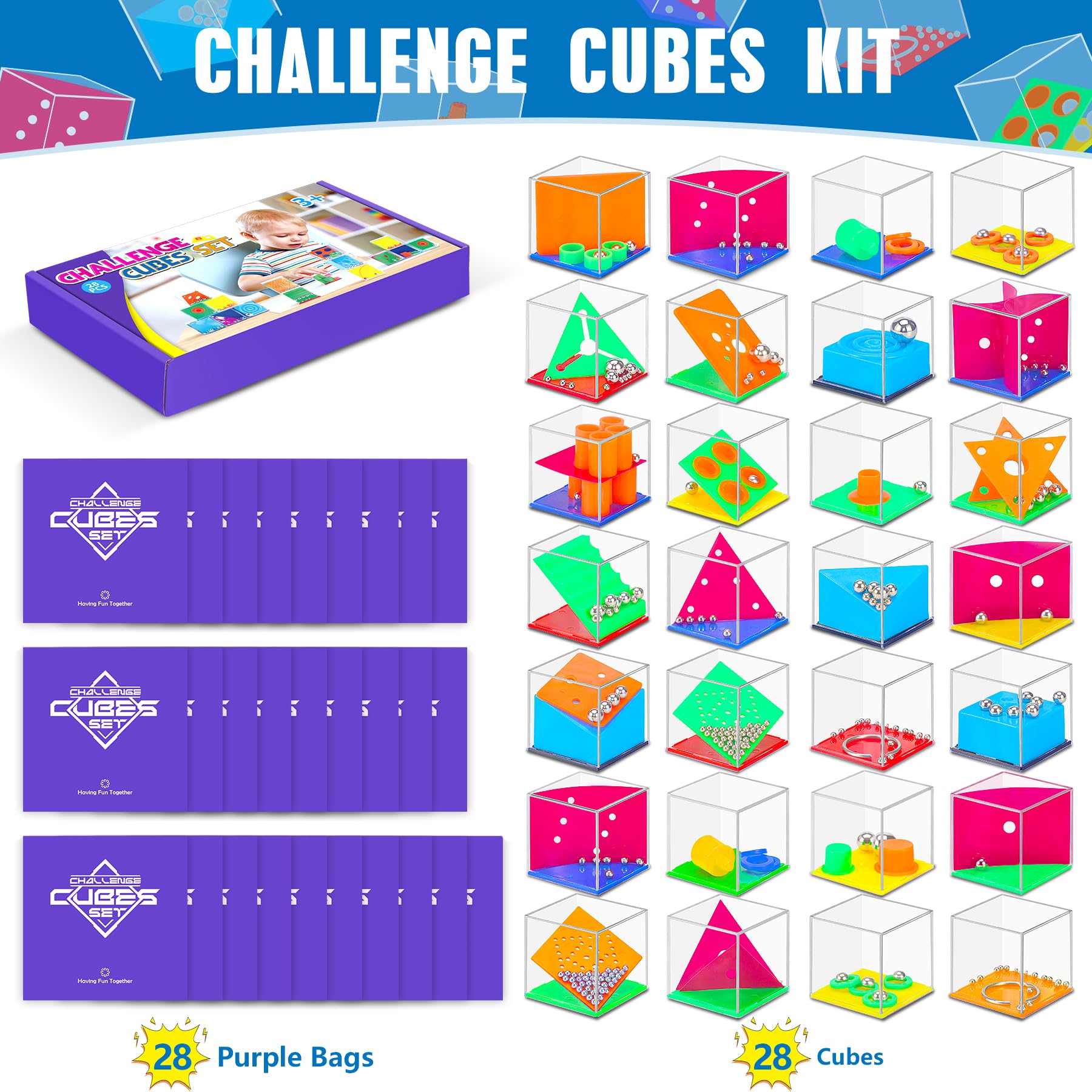 Gontence 28 Pcs Cubi Rompicapo Bambini con 28 Sacchetti Viola - Giochini per Feste di Compleanno Bambini | Bambina Bambino Regalini Compleanno | Regali di giocattoli di Natale | Mini Giochi di Puzzle