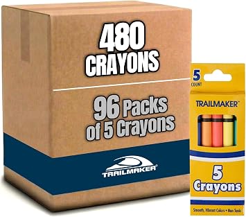 Trail maker Bright Wax Crayons 96 Pack, 5 Per Box Mini Crayons for Kids, Party Favors, Toddler & Kids Ages 4-8, Bulk Art Supplies for Classrooms & Parties 480 total