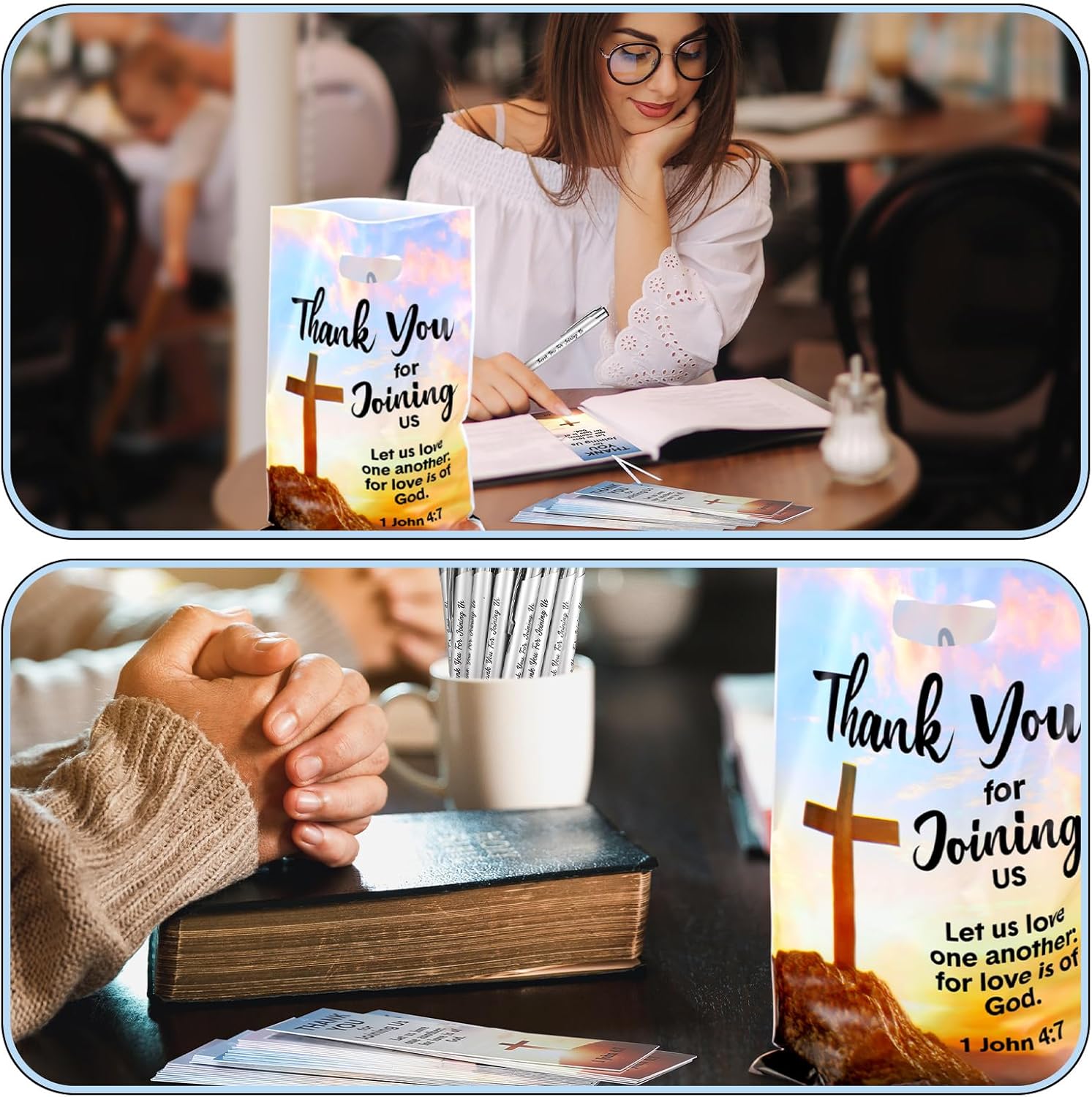 Supervitae 108 Pcs/36 Sets Church Welcome Gift Pockets Bulk Church Visitor Gifts 36 Religious Brochure Bags with Handle 36 Thank You for Joining Us Ballpoint Pen 36 Bookmark for Christian Supplies