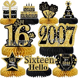9-Piece "Cheers To 16 Years" Honeycomb Table Centerpieces - Black & Gold 16th Birthday Decorations - View #3