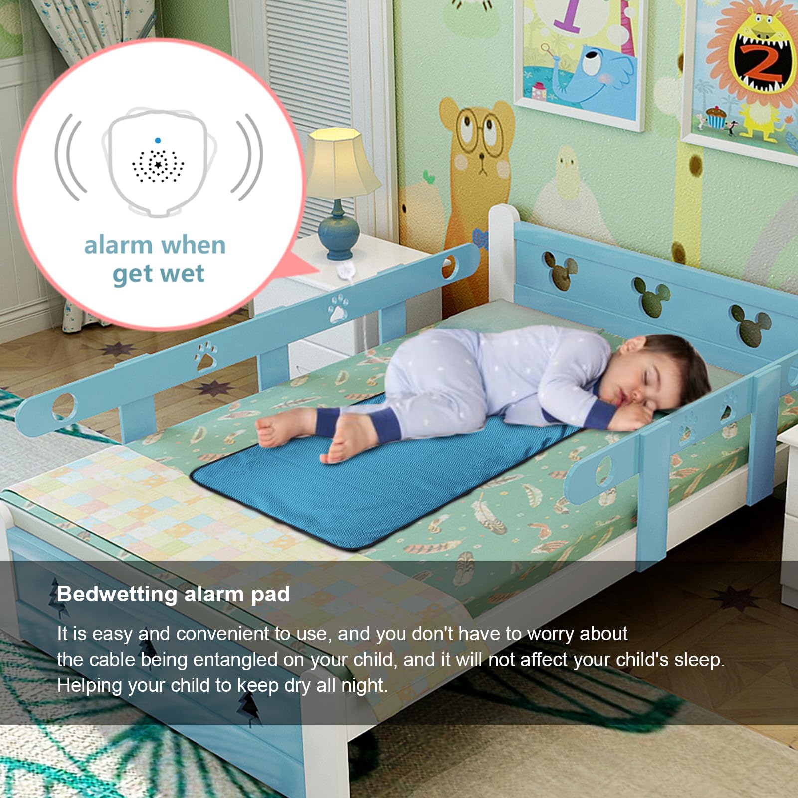 Almohadilla de alarma para mojar la cama para niños y niñas, recargable por USB, alarma de orina con música opcional y control de volumen, tapete urinario para entrenamiento de orina para niños, azul