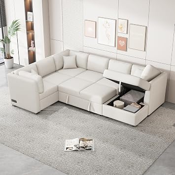 Harper & Bright Designs 108.6" U-Shaped Sectional Sofa Pull Out Sofa Bed with Two USB Ports, Two Power Sockets, Three Back Pillows and a Storage Chaise for Living Room, Beige