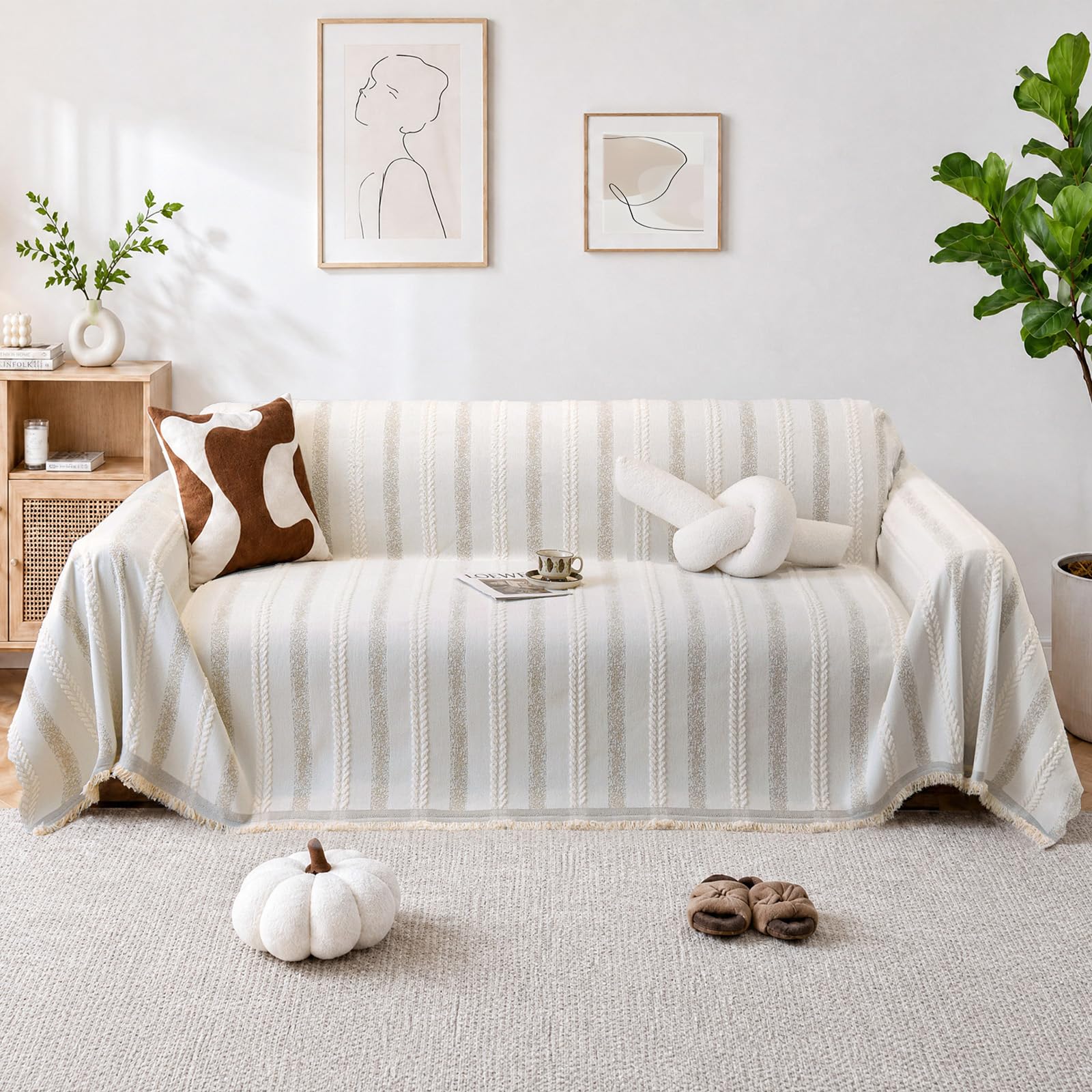 Voiolfolke Sofa Cover for 2 3 Seater, Non Slip Couch Covers, Chenille Corner Sofa Cover Protectors for Pets, Bohemian Slipcovers I Shape Sofa Futon Loveseat All Season(White, 180x300cm)