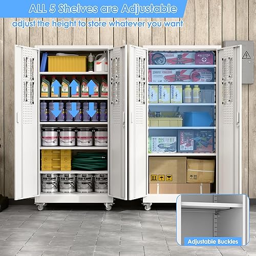 Miniatura 110 de Armario de almacenamiento de metal con tablero de clavijas de 31.5 x 31.5 x 16.5 pulgadas, armario de almacenamiento de acero con cerradura con 5