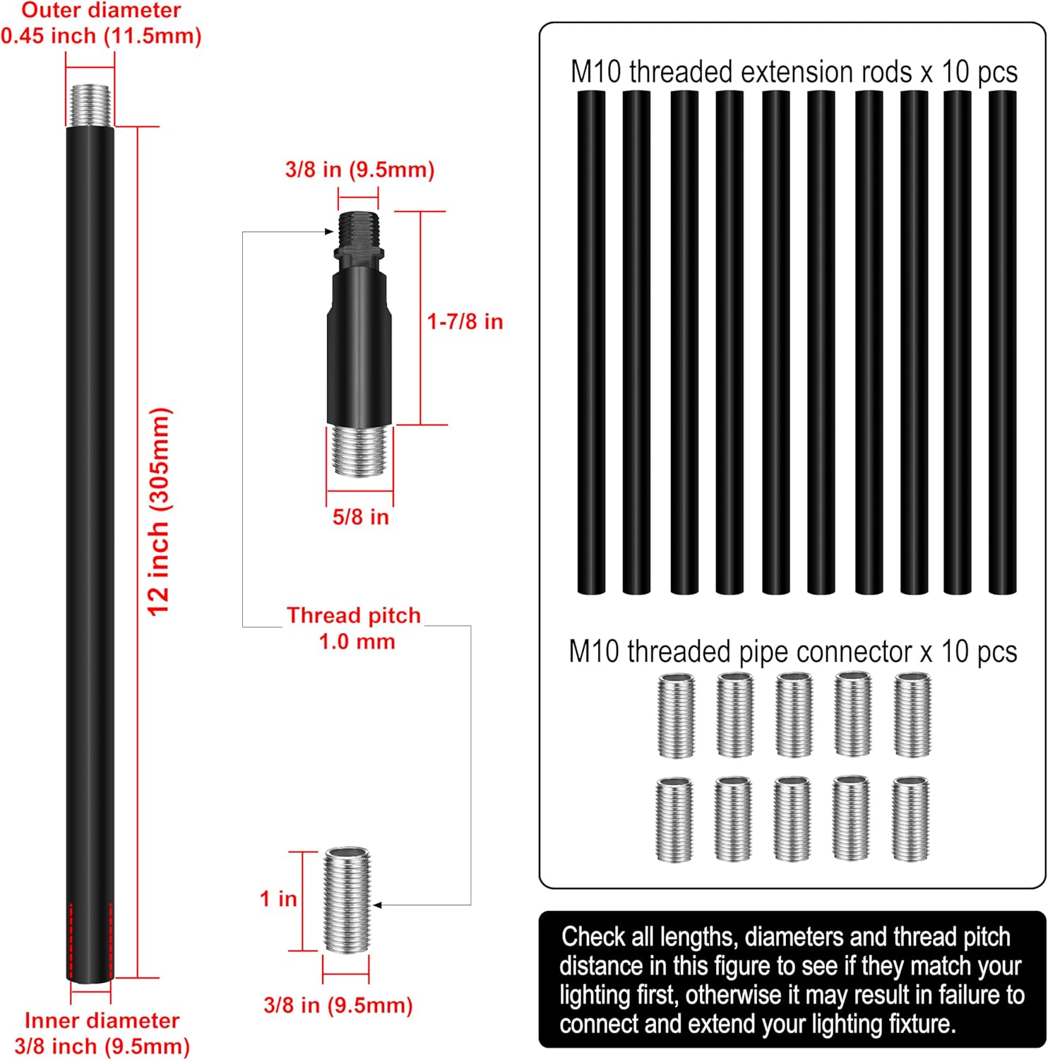 10 Pieces 12-inch M10 Threaded Extension Poles Lighting Fixture Downrods Stems & 180 Degrees Sloped Ceiling Adapter Kits for Pendant Light, Island Lighting, Chandeliers (Black)