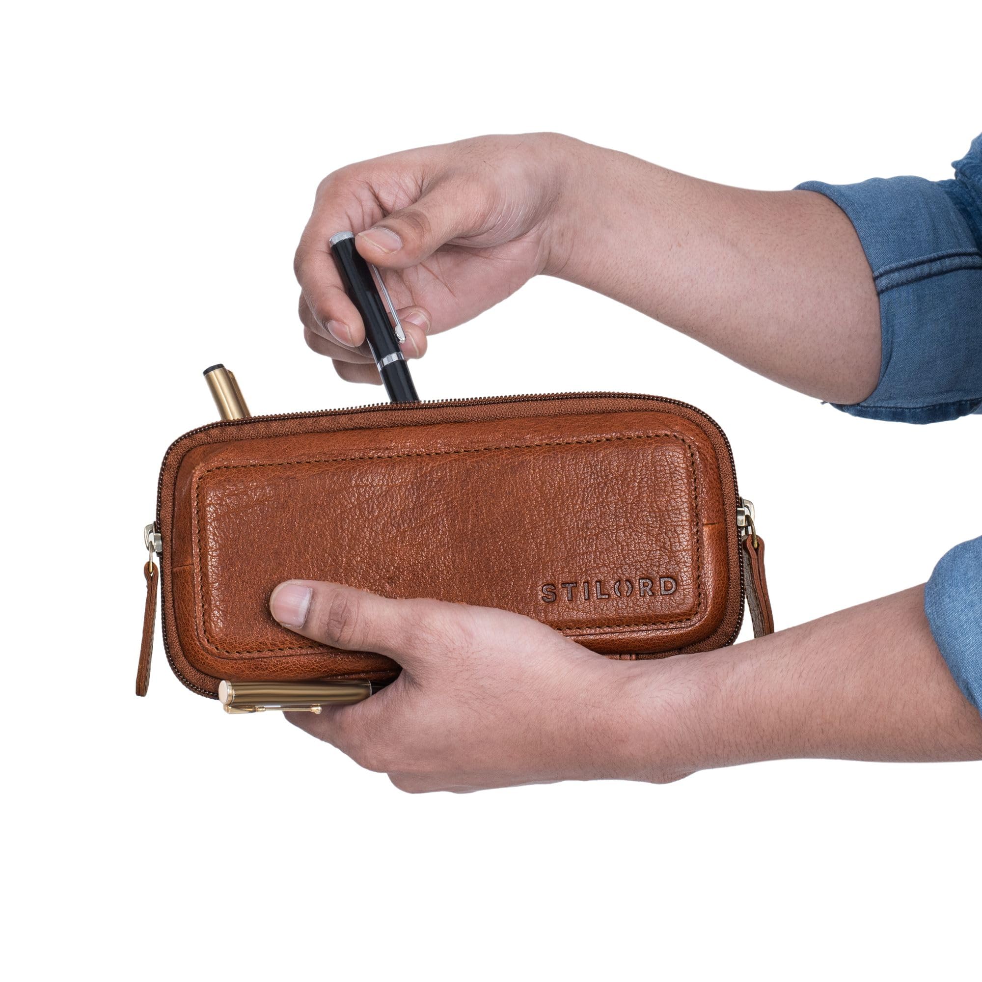 STILORD 'Scotty' Estuche de Cuero Vintage con Cremallera Estuche rígido Portalápices de Hombre Caja de lápices Piel Carpeta para bolígrafos de señora, Color:maraska - marrón