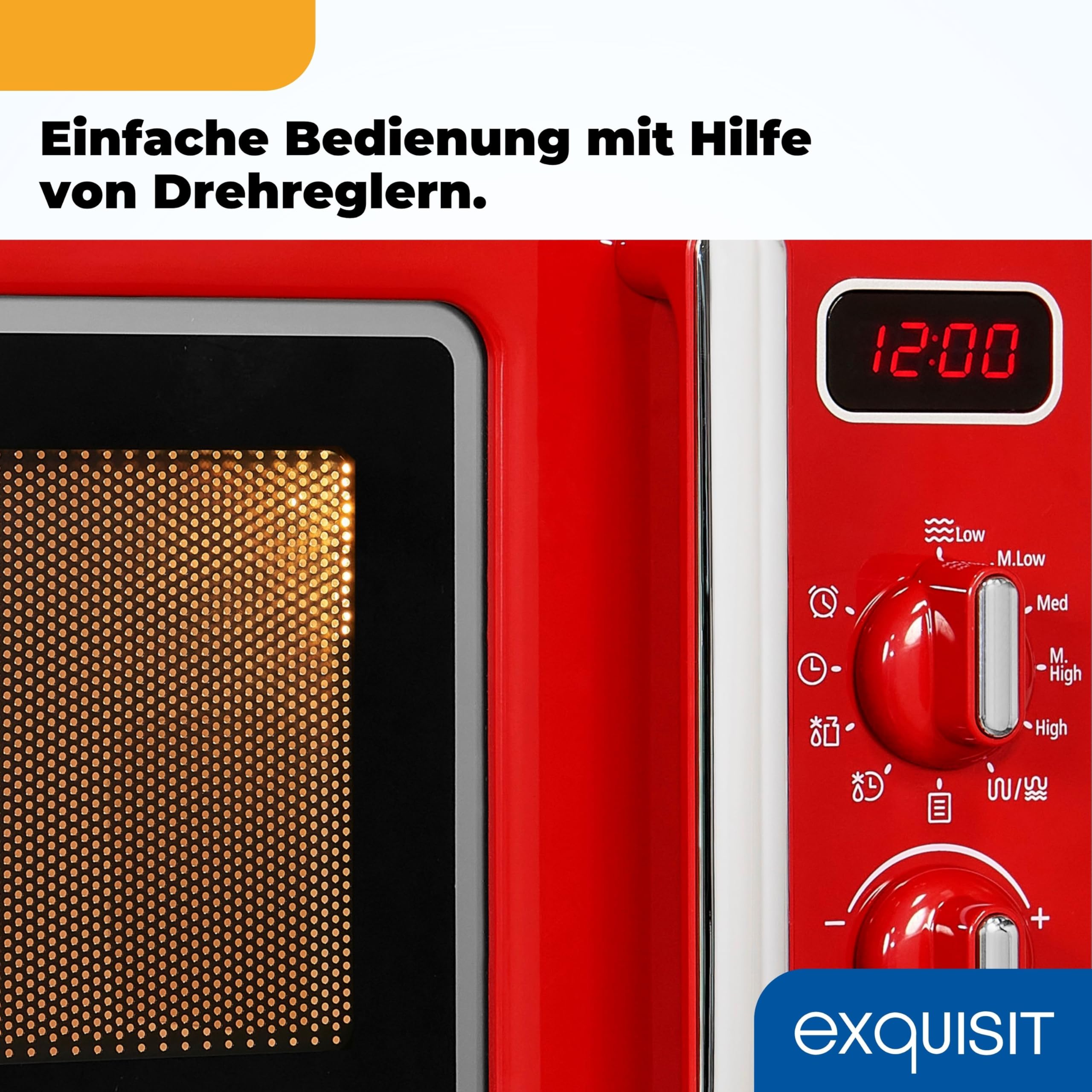 Exquisit Retro-Mikrowelle rot mit Grill, 20 L, 700 W, 5 Leistungsstufen | 25,5 cm Drehteller, 1000 W Grill, Timer bis 90 Min, Kindersicherung, Digitaldisplay – entwickelt nach deutschen Richtlinien