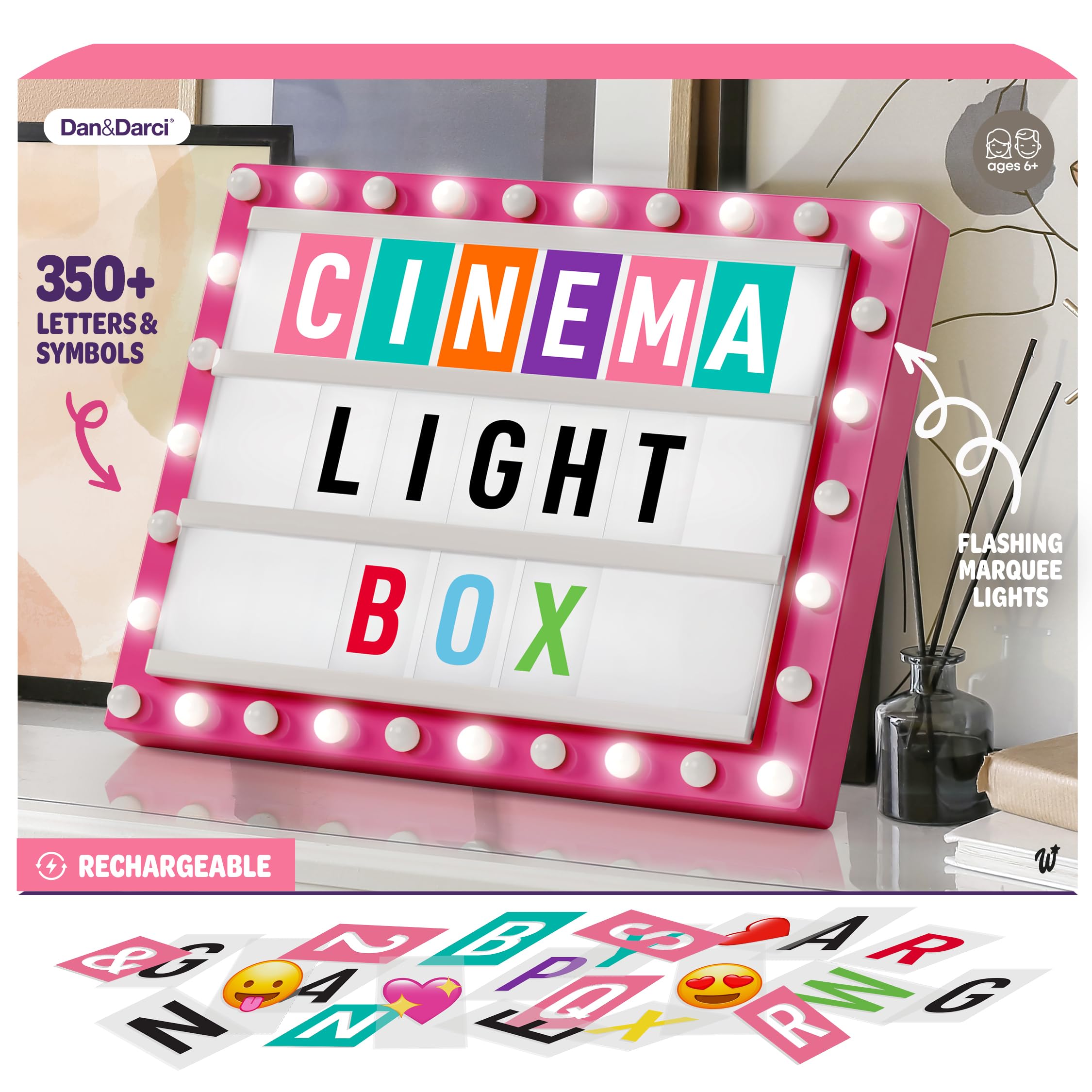 Dan&Darci Cinema Light Box for Girls - Gifts for 8 9 10 11 12 Years - Gifts for 10 Year Old Girl - Pink Christmas Decor for Teen Girls Bedroom - Preteen Room, Tween, Girl Trendy Stuff Birthday Gift