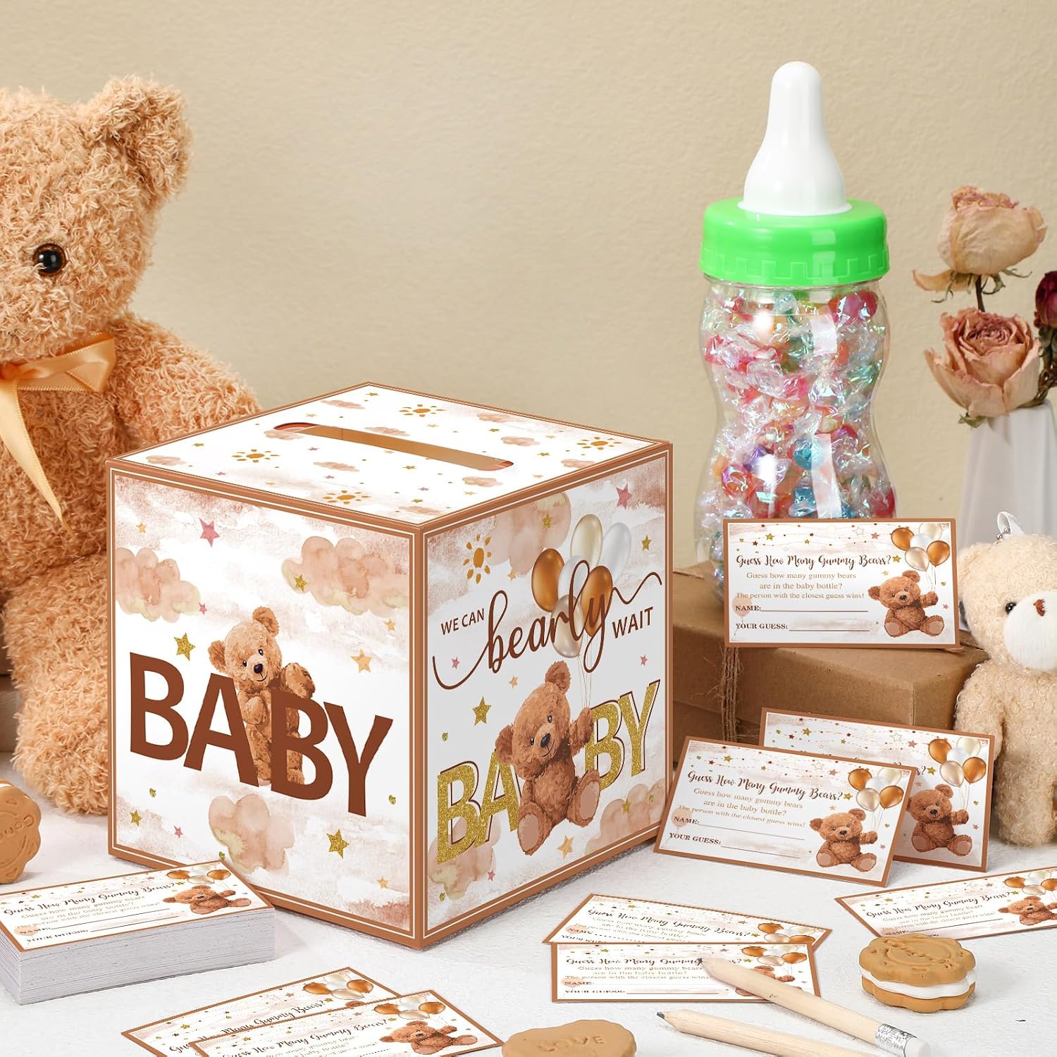 TrelaCo 82 Pcs Baby Shower Games Guess How Many Bears Include 1 Guessing Box 1 Large Baby Bottle 60 Cards 20 Pencils for Favors Games Gender Reveal