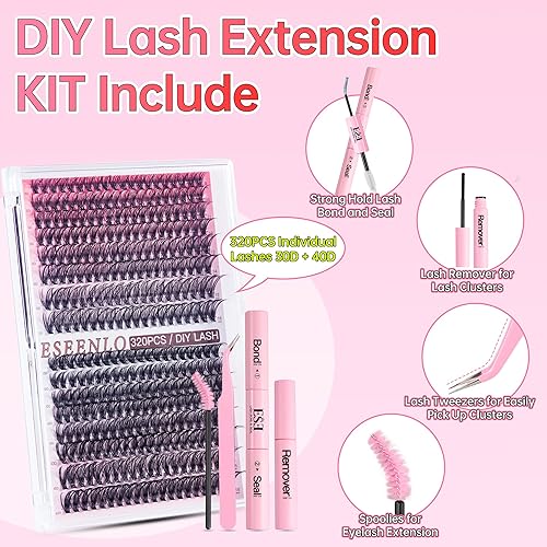 Miniatura 2 de ESEENLO Kit de extensión de pestañas para bricolaje 30D+40D-D-0.35-0.630 pulgadas, 320 racimos de pestañas postizas con enlace de pestañas, sello y