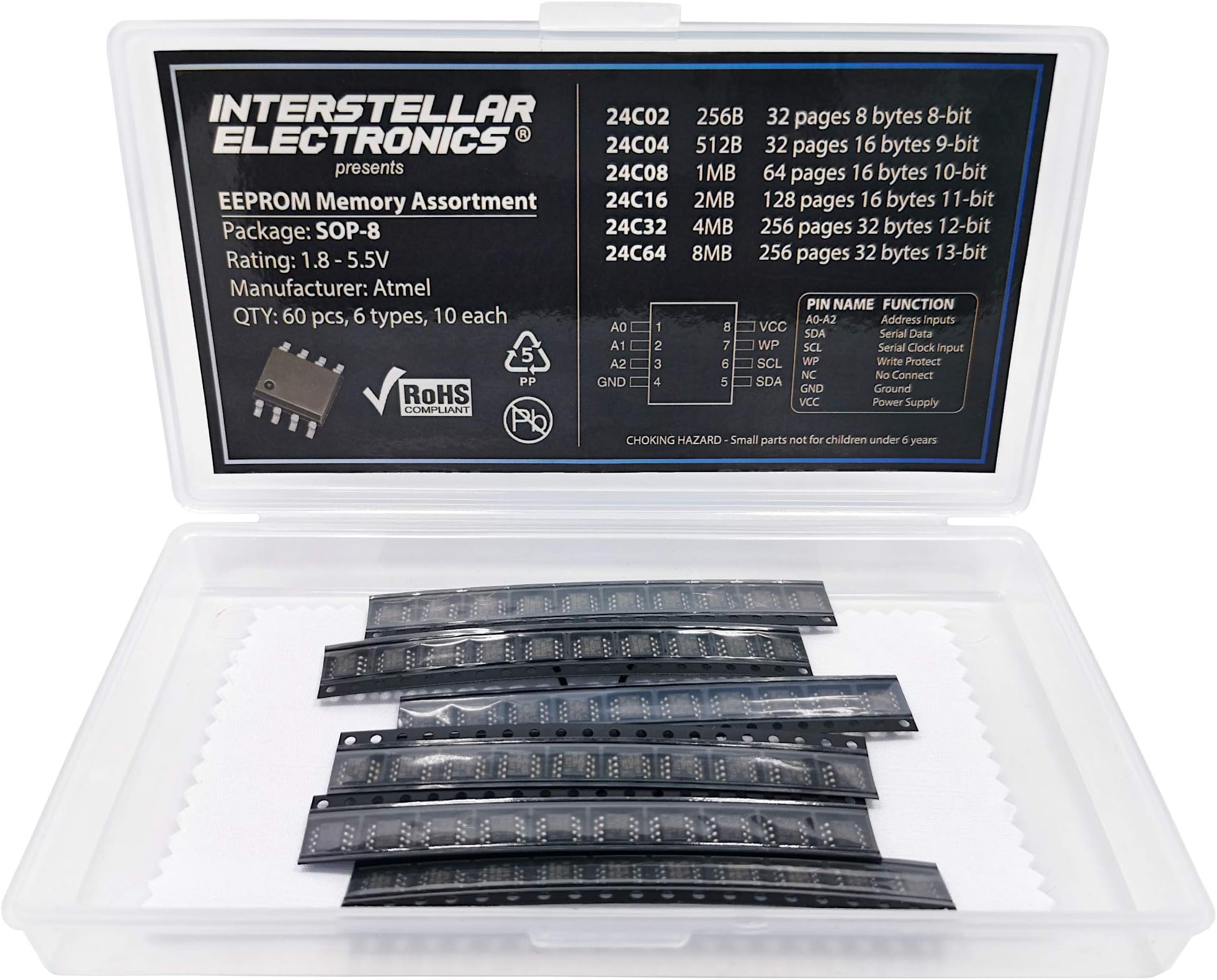 EEPROM Memory chip IC Assortment SMD SOP8, 256B, 512B, 1MB, 2MB, 4MB, 8MB, 24C02, 24C04, 24C08, 24C16, 24C32, 24C64, 60 pcs