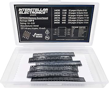 رقاقة ذاكرة EEPROM IC Assortment SMD SOP8 ، 256B ، 512B ، 1MB ، 2MB ، 4MB ، 8MB ، 24C02 ، 24C04 ، 24C08 ، 24C16 ، 24C32 ، 24C64 ، 60 قطعة