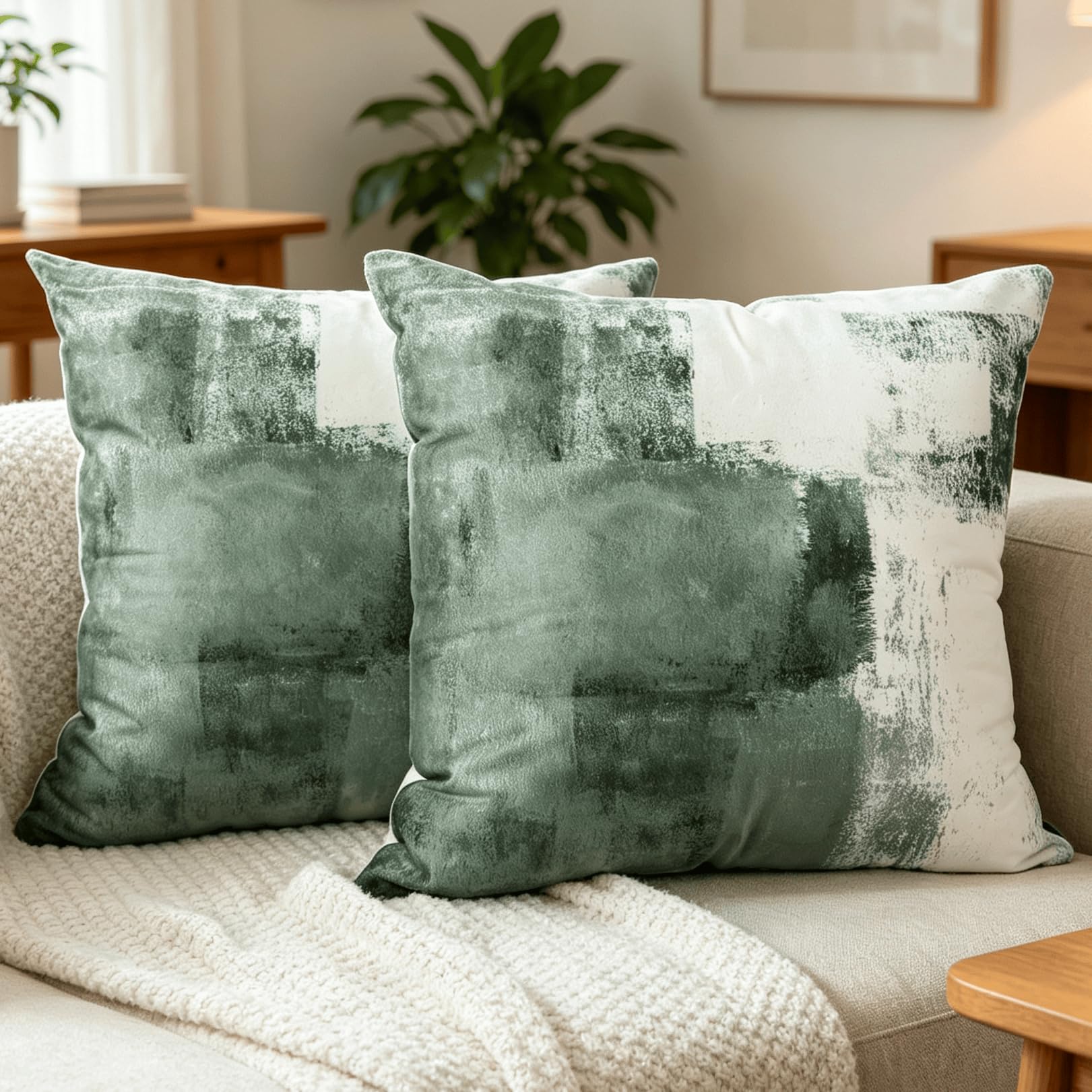 OYIMUA Soft Velvet Print Olive Green Cushion Covers 45 x 45cm Set of 2 — image 1