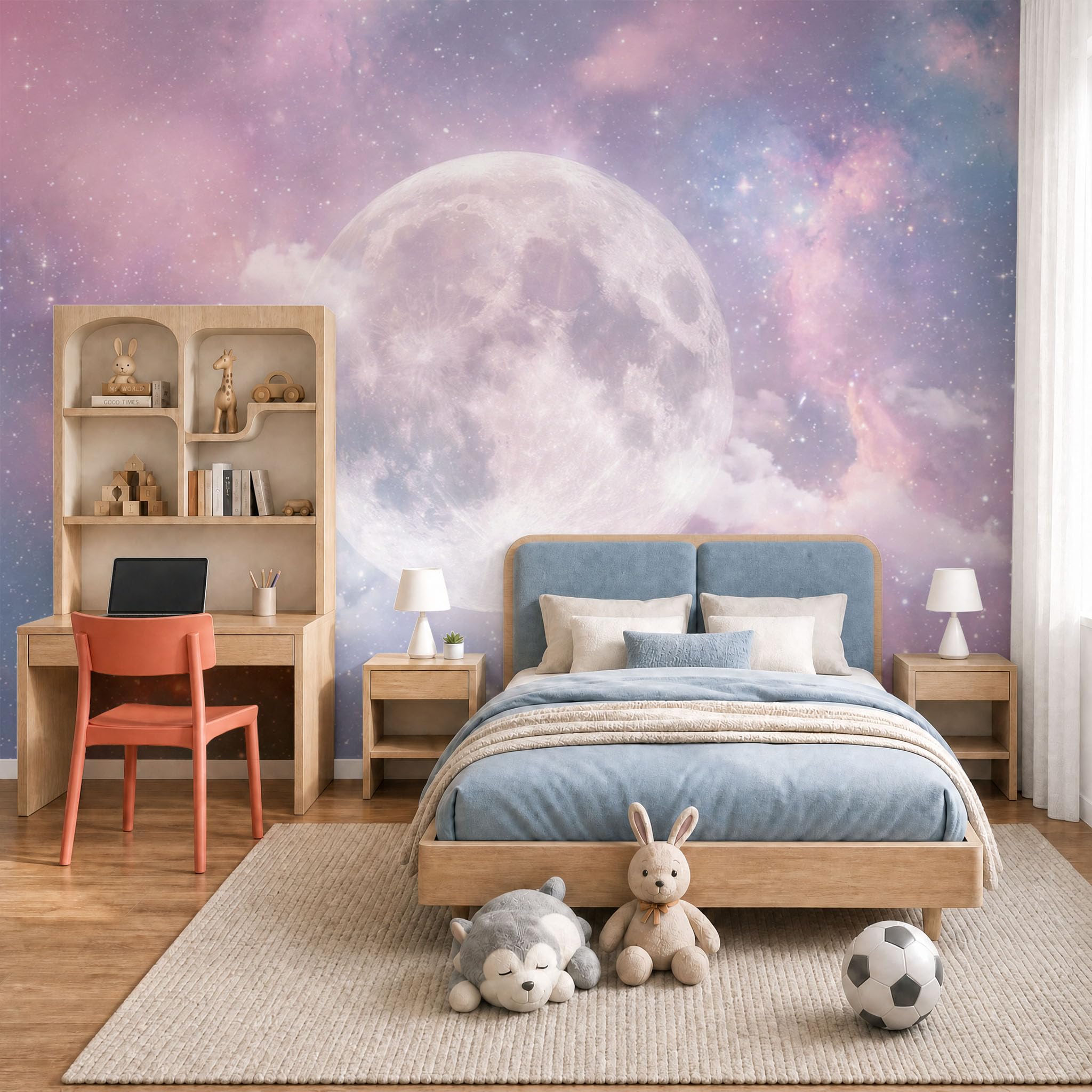 Nébuleuse pleine lune papier peint panoramique rose riz 3D 200x140cm