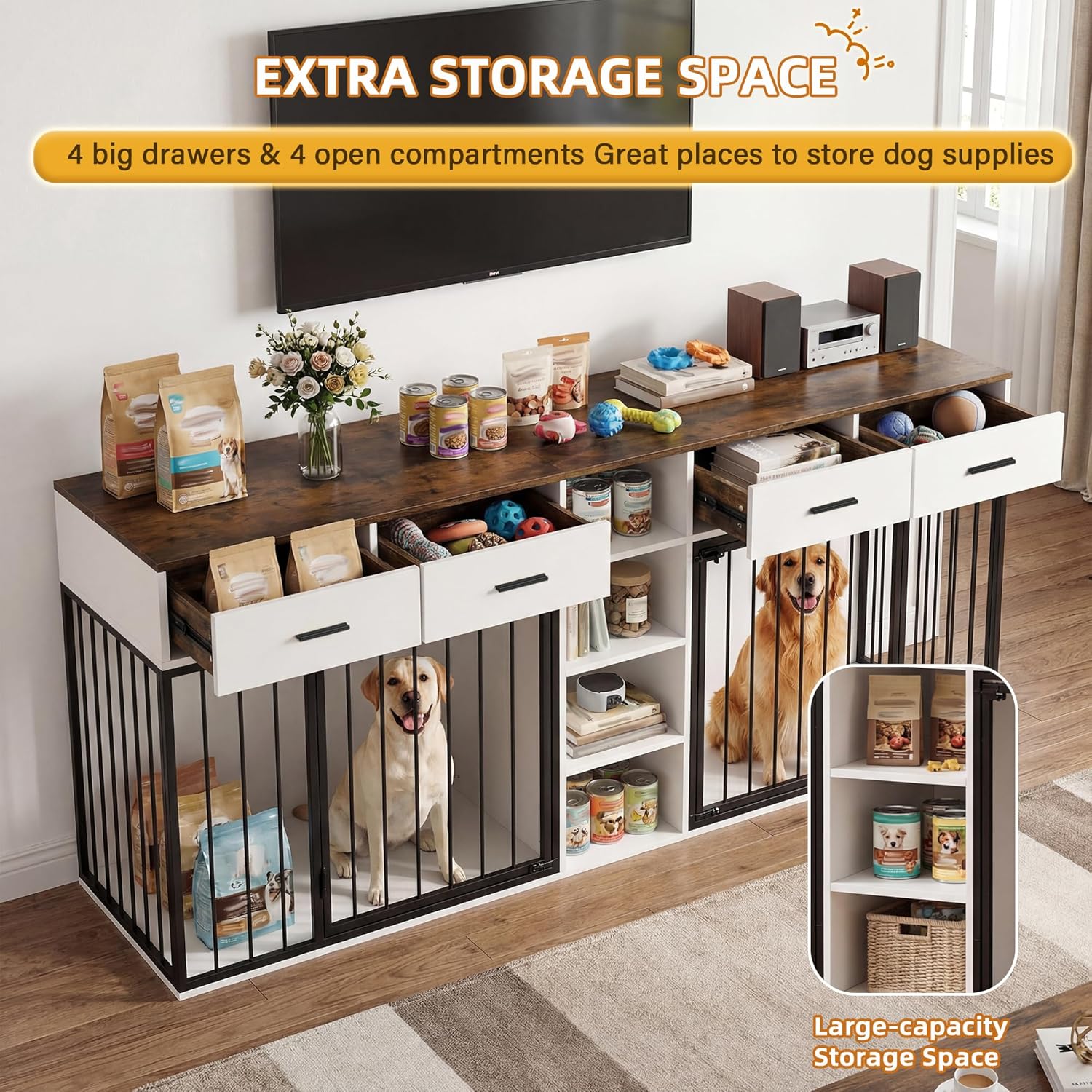 82 Inch Double Dog Crate Furniture, Extra Large Indoor Wooden Kennel for 2 Medium/Large Dogs with 4 Drawers & 4 Shelves, Heavy Duty Dog Crate TV Stand with Removable Divider, White