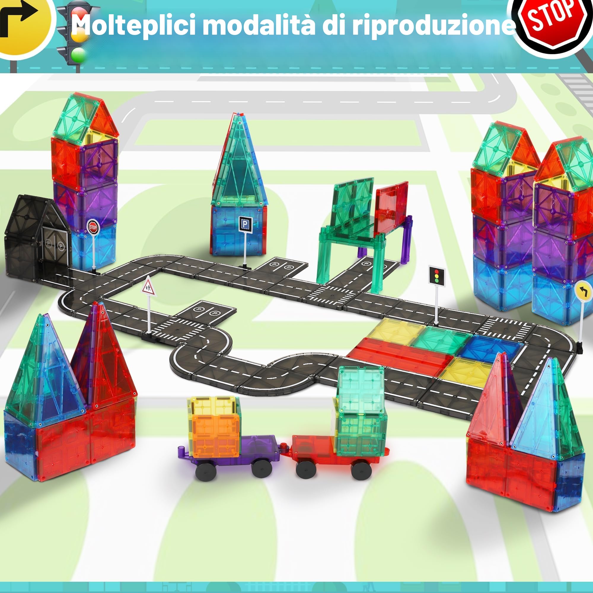 Playmags Set Magnetico da Strada con Piastrelle, 50 Pezzi, Giocattolo Educativo STEM, con Pista Auto, Mattoncini da Costruzione, Giocattolo Magnetico per Bambini, Sicuro dai 3 Anni in su